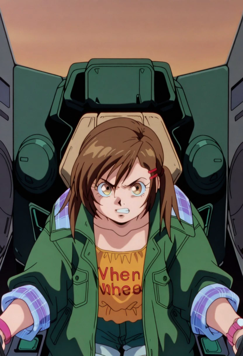 official art, masterpiece, best quality, absurdres, very aesthetic, 1girl, female focus, solo, AWGXS, anime screenshot, retro artstyle,1990s (style), cel animation, 1girl, female focus, solo, misa_GB, brown hair, brown eyes, flat chest, hair ornament, hair clip, asymmetrical hair, short twintails, green jacket, hooded jacket, open jacket, collared jacket, blue plaid hood, blue plaid sleeve cuffs, collarbone, orange shirt, low-cut shirt, text print, clothes writing,wristwatch, pink wristwatch, short shorts, denim shorts, cowboy shot, straight-on, cockpit, leaning forward, serious expression, clenched teeth,