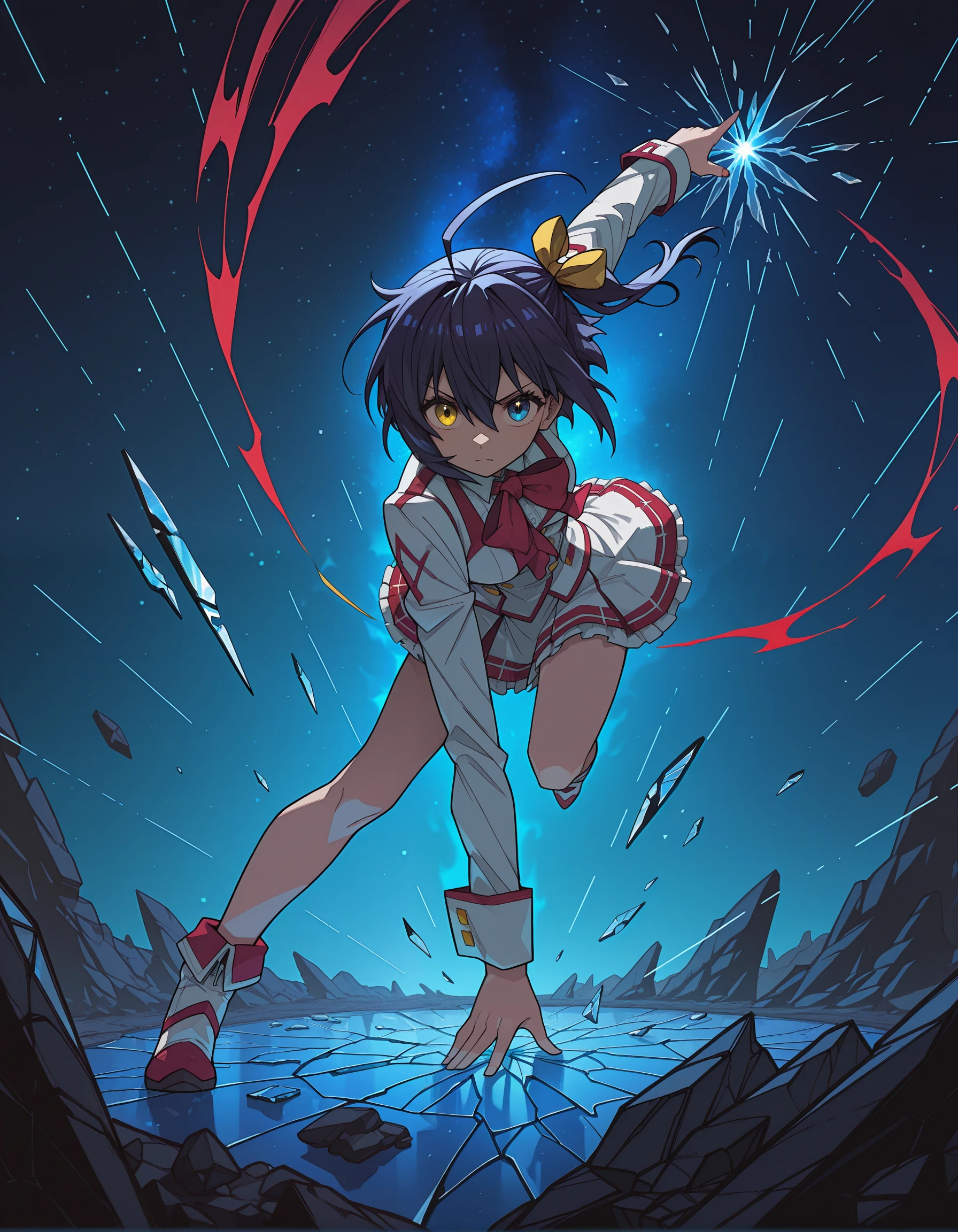 incredibly absurdres, masterpiece, absurdres, high quality,7A3IFRHPR_illu, <lora:hwm4to7A3IFRHPR:1>,takanashi rikka,heterochromia, yellow eyes, blue eyes, dynamic pose,blue-haired girl, yellow hair bow, glowing blue eye, white feathers, starry night background, dynamic pose, red and white outfit, chains, magical energy, cosmic background, shattered glass effect, ethereal atmosphere, fantasy art style, vibrant colors, detailed illustration, dramatic lighting, action scene, mysterious aura