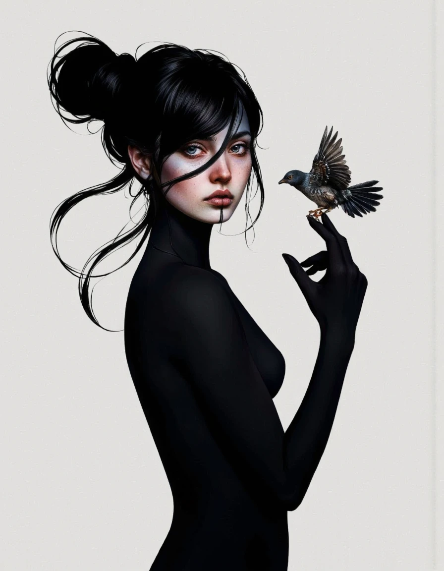 By Laura H. Rubin. A digital illustration shoot from a profile camera angle about a woman with striking features and a small bird in her hand, set against a plain light grey background. the image also shows a stylized silhouette of a woman in the middle of the image, with her upper body facing the viewer and her blue eyes looking directly at the viewer. the woman has long, wavy black hair tied in a single hair bun on the left side of her face, and her slim body is positioned in a way that accentuates her face. she is wearing black gloves and has a serious expression. on the right side of the woman's hand, a small, black bird is perched, with its wings spread wide, as if it is about to take flight. the bird's feathers are detailed and realistic, with sharp edges and a glossy finish, adding to the stylized appearance of the artwork. the overall effect is one of striking contrast between the woman and the bird, making the image visually striking and captivating. <lora:Laura_H._Rubin:0.8>