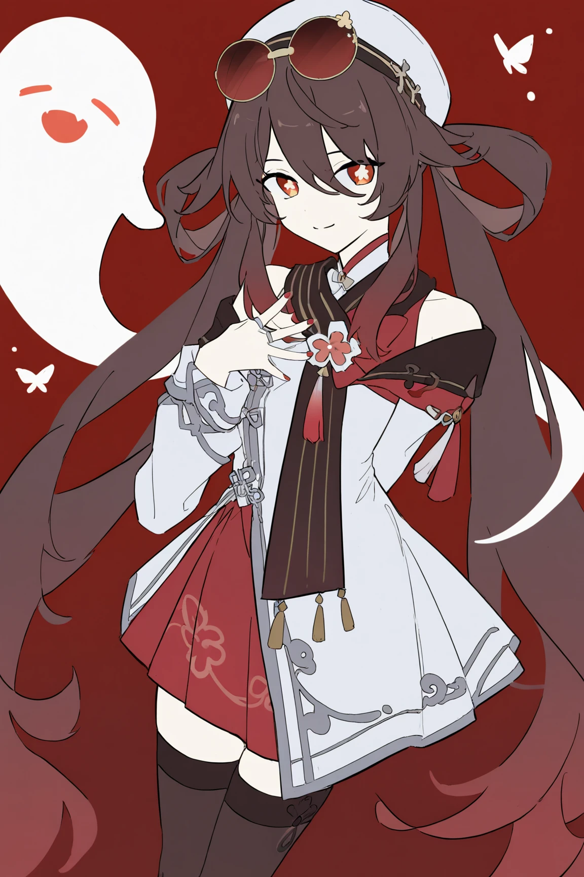 <lora:hu tao (cherries snow-laden) (genshin impact)_noob11-xl-e10:1>,hu tao \(cherries snow-laden\) \(genshin impact\),1girl,boo tao \(genshin impact\),smile,eyewear on head,sunglasses,looking at viewer,butterfly,ghost,solo,zettai ryouiki,tinted eyewear,<lora:moa_(fade64222)_nb11-xl-re1-000017:1>,