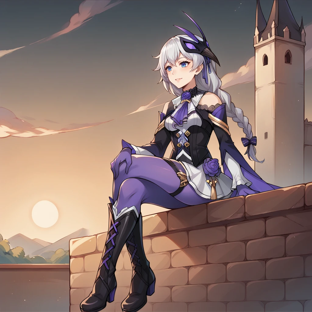 score_9_up, score_8_up, score_7_up, source_anime, 1girl, solo, , detailed background, evening, sun, sky, clouds, standing on bridge, looking to side, parted lips, full body, trees, forest, river, river bank, pebbles, rocks, bushes, flowers, outdoors, petals, pink trees, sakura trees, breeze, wind, KalKas, black boots, Fol002, Kk_JP, white hair, long hair, braided ponytail, blue eyes, japanese clothes, aiguillette, striped shirt, o-ring, black choker, strap between breasts, collared capelet, black capelet, yellow tassel, red tassel, single pauldron, shoulder armor, fur on shoulder, striped sleeves, wide sleeves, flower thigh strap, pleated skirt, black skirt, black bow, red sash, brown belt, black headwear, military hat, peaked cap,