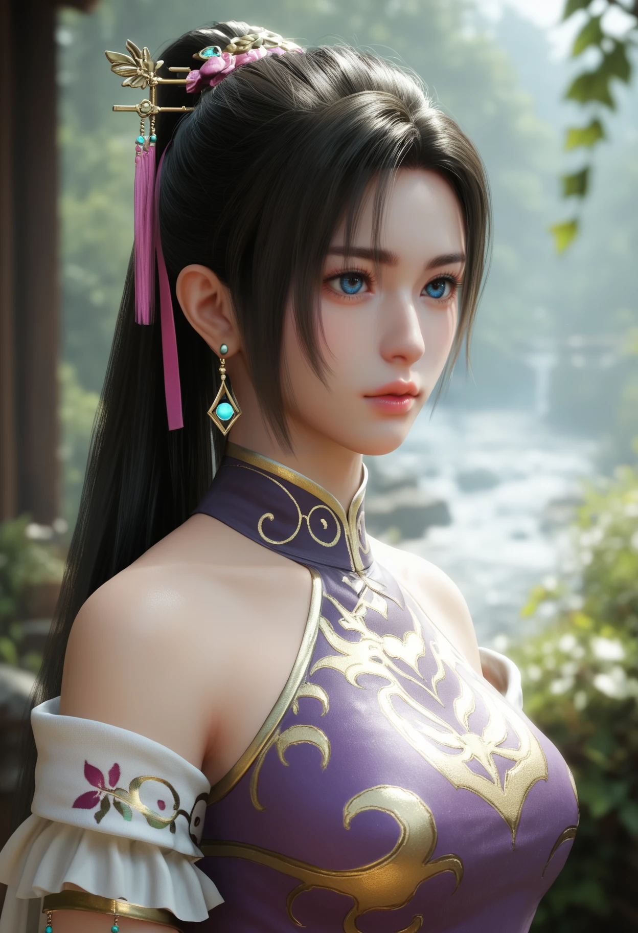 score_9_up, score_8_up, score_7_up, score_6_up, score_5_up, score_4_up,realistic, strong lighting,
1girl, solo, portrait, 
 <lora:Diaochan [pony]:0.6> diaochan, 1girl, jewelry, earrings, black hair, blue eyes, long hair, ponytail, hair ornament
glistening eyes, glossy lips,