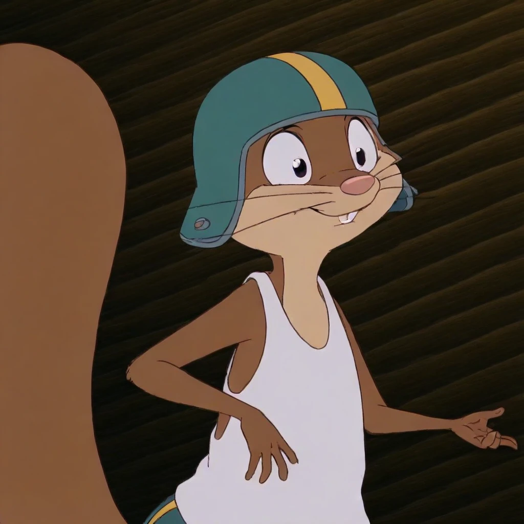 white tank top, 1boy, semi-anthro, nutsy, green pants, solo, squirrel, source_cartoon, green helmet with yellow stripe,