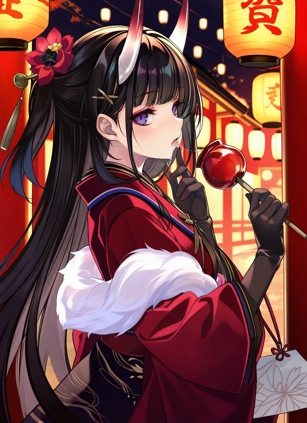 <lora:noshiro_IL_v1.0:1>,noshiro \(uncharted festival grounds?\) \(azur lane\),kimono,paper lantern,candy apple,shirokitsune,(saliva trail:0.8),sideways glance,gloves,solo,, masterpiece,best quality,