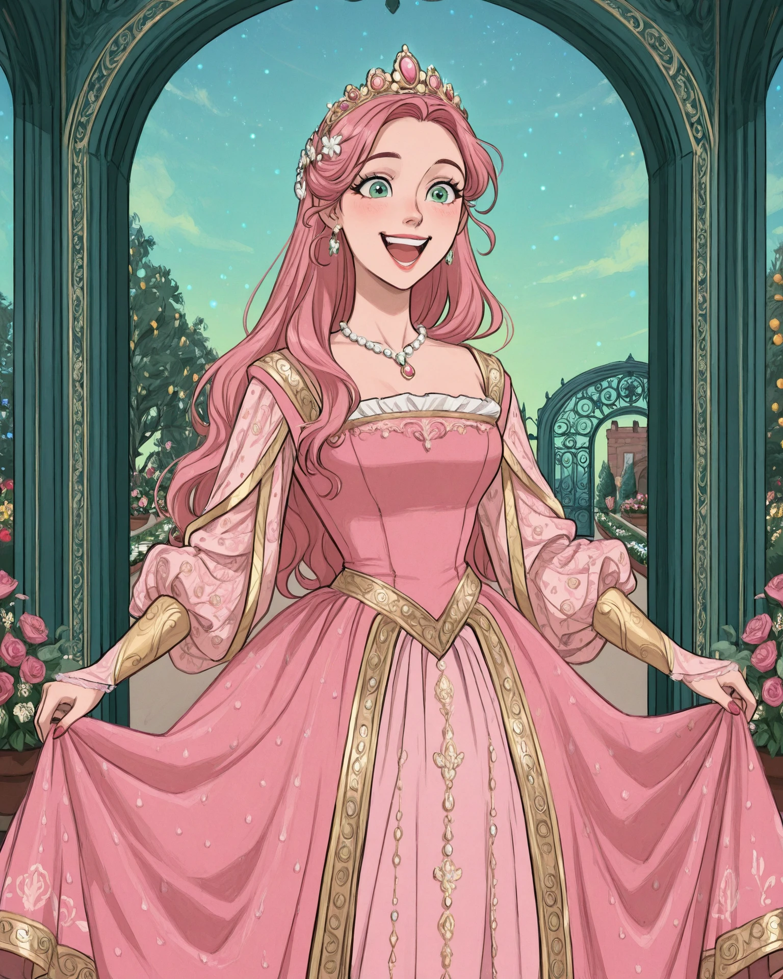 1girl, wearing medfa, medfa clothing, waist-up, long hair, green and pink clothing, excited, joyful, curtsey, flower garden, archway, delicate pearls, beautiful sky, long lashes, extremely detailed clothing, jacquard fabric, gold embroidery, gentle eyes, masterpiece, highest quality, absurdres, digital art, very detailed, 8k, best quality, high resolution, <lora:Medieval_Fashion_Illustrious:1.1>, <lora:DisneyLike:1>