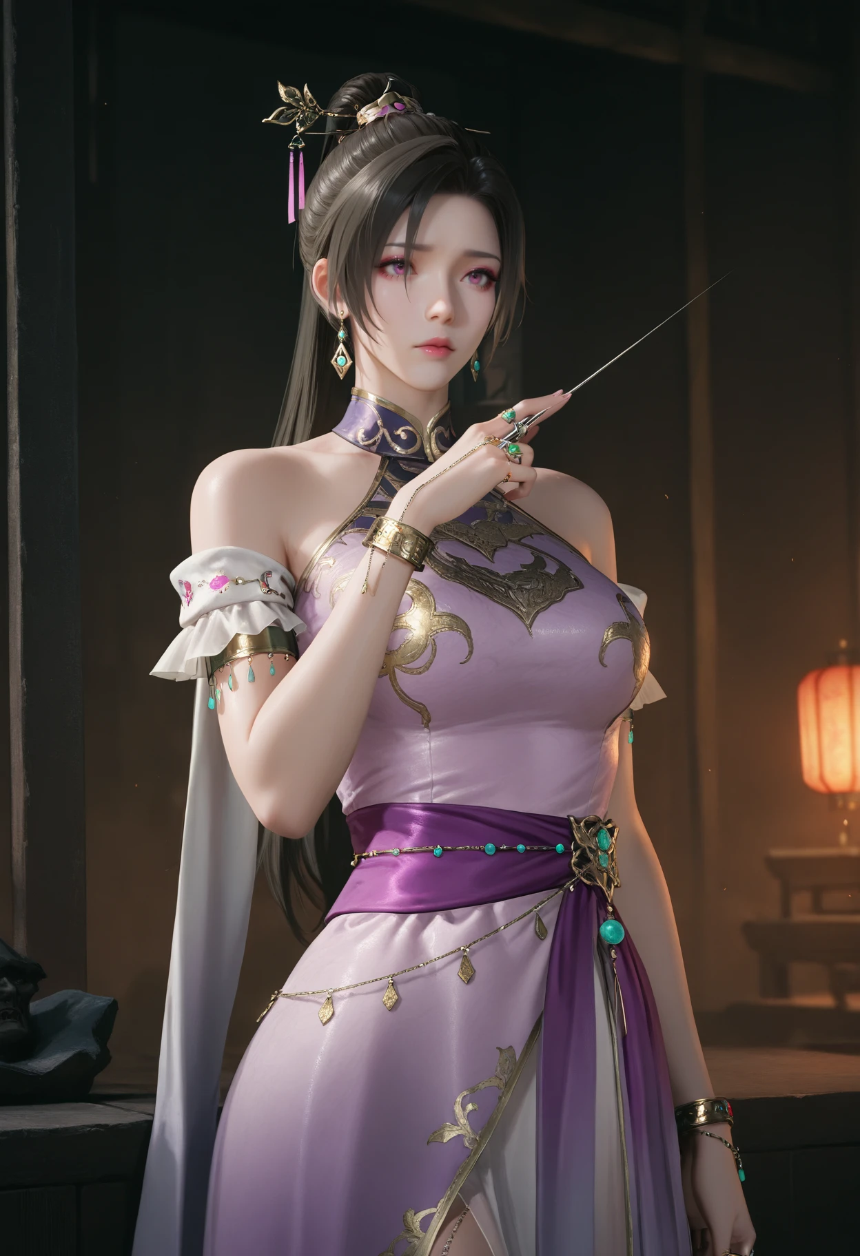 masterpiece, best quality, realistic,
1girl, solo,
 <lora:Diaochan [IL]:0.7> diaochan, 1girl, jewelry, earrings, black hair, long hair, ponytail, hair ornament||, bare shoulders, dress, purple dress, bracelet, chinese clothes, 
dark environment, 
holding needle, ring, chains