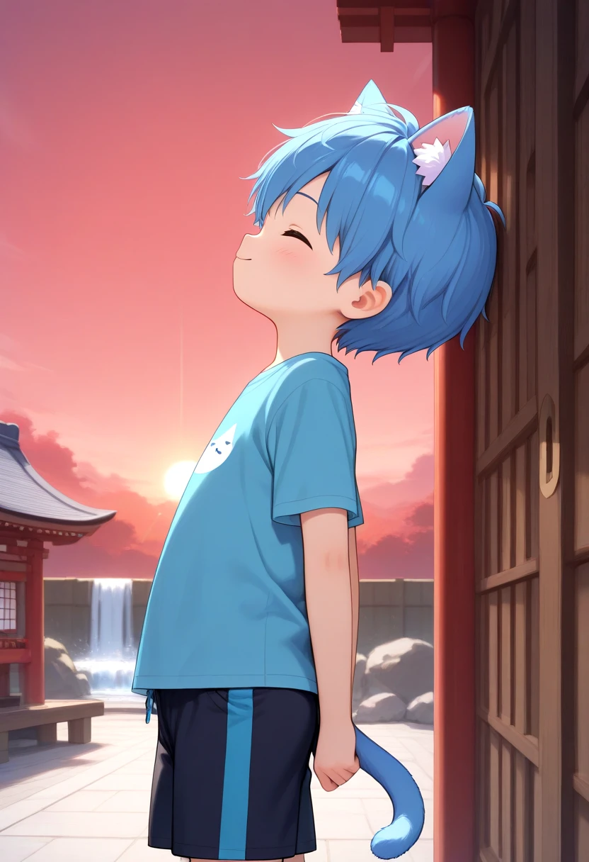 <lora:cutifiedanimecharacterdesign_variant_type_G_IL_v10:1>
1boy, type-g, cat boy, blue hair, happy pose, loved face expression, outdoor, shrine, waterfall, shirt, shorts, sunset, red sky, from side, leaning back against wall, tail,