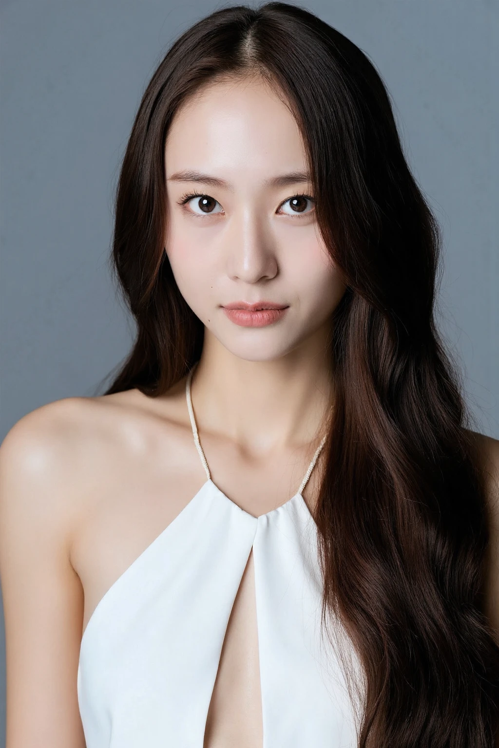 (Best-quality, Masterpiece, Ultra-High-Resolution, (Photorealistic:1.4), Raw Photo, depth of field, professional lighting, perfect anatomy, extremely details), face-focus, (1girl, 15-years-old, Japanese idol), ((((extremely beautiful and extremely realistic skins)))), ((extremely cute face with no-makeup)), (((big-black-round-eyes))), (black-long-straight-hair), (long-eyelashes), ((innocent smile))