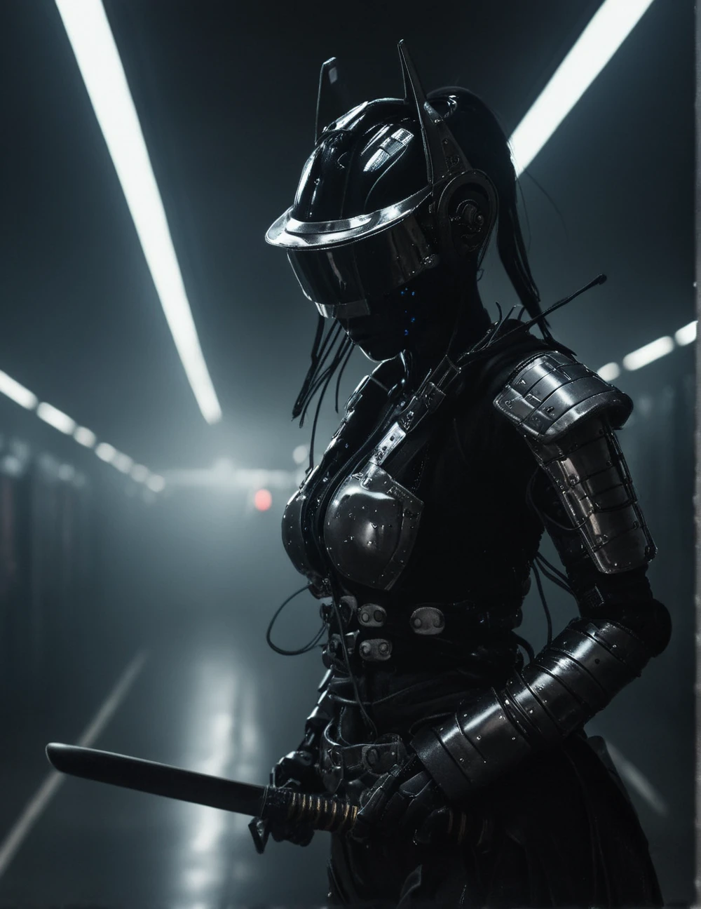 a cyberpunk robot samurai woman, robot face with mirrored face shield, robot joints, body made of metals, cables and wires, holding a katana by the hilt, in a cyberpunk subway station dim lighting from overhead strip lighting, silhouetted in the gloom. Perfect Composition, realistic photographic image, RAW photo highest quality, perfect directional lighting <lora:Positive_Astigmatism_0.6_SDXL:1><lora:Astigmatism_-0.6b:-0.75>
