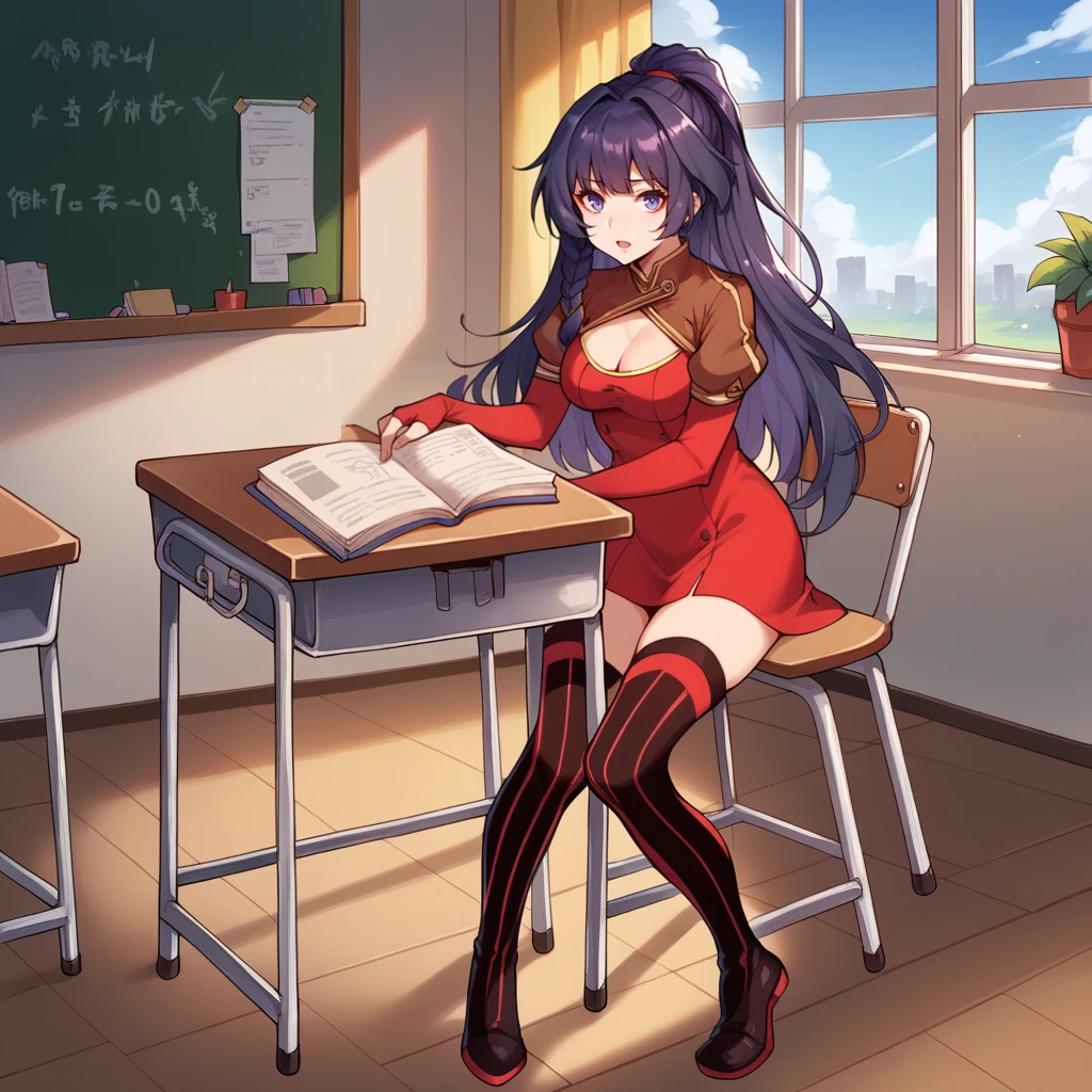 score_9_up, score_8_up, score_7_up, source_anime, 1girl, solo,
classroom, blackboard, window, indoors, desks, chairs, locker, drawer, school interior, potted plant, detailed background, day, sun, sky, clouds, looking at viewer, hand on desk, holding book, raised hand, open mouth, curious, full body, angled shot, purple hair, blue eyes, side braid, long hair, raiden mei, RMei, Fol001, RM_Vbl, short dress, red dress, buttons, shrug (clothing), brown shrug, cleavage, short sleeves, brown sleeves, red arm warmers, fingerless gloves, alt black gloves, black thigh strap, thigh boots, striped legwear, black footwear, ponytail,