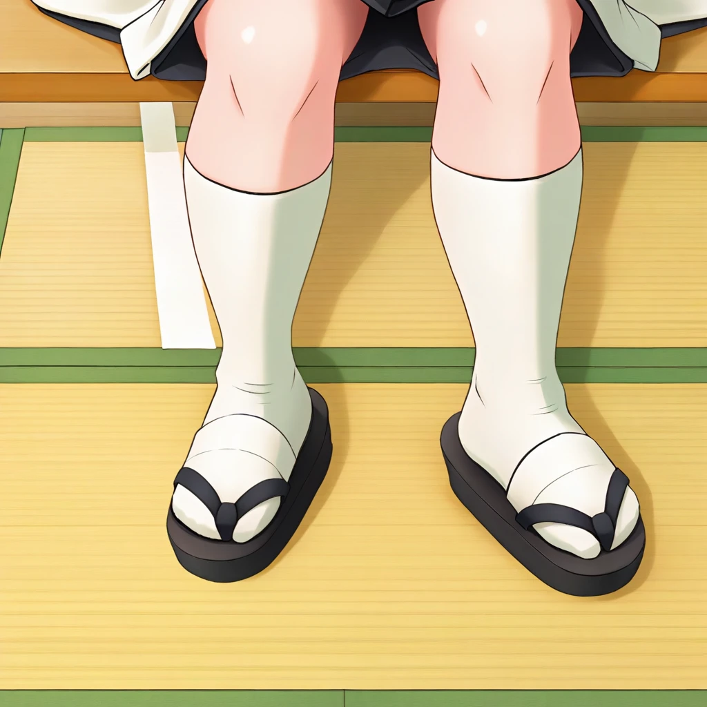 1girl, solo, sitting, dojo, tatami, full_body, close-up, girl_focus, furikatherine, twintails, blonde_hair, yellow_eyes, japanese_clothes, kimono, white_kimono, sash, wide_sleevees, kneehighs, white_socks, sandals, black_footwear, black_nails