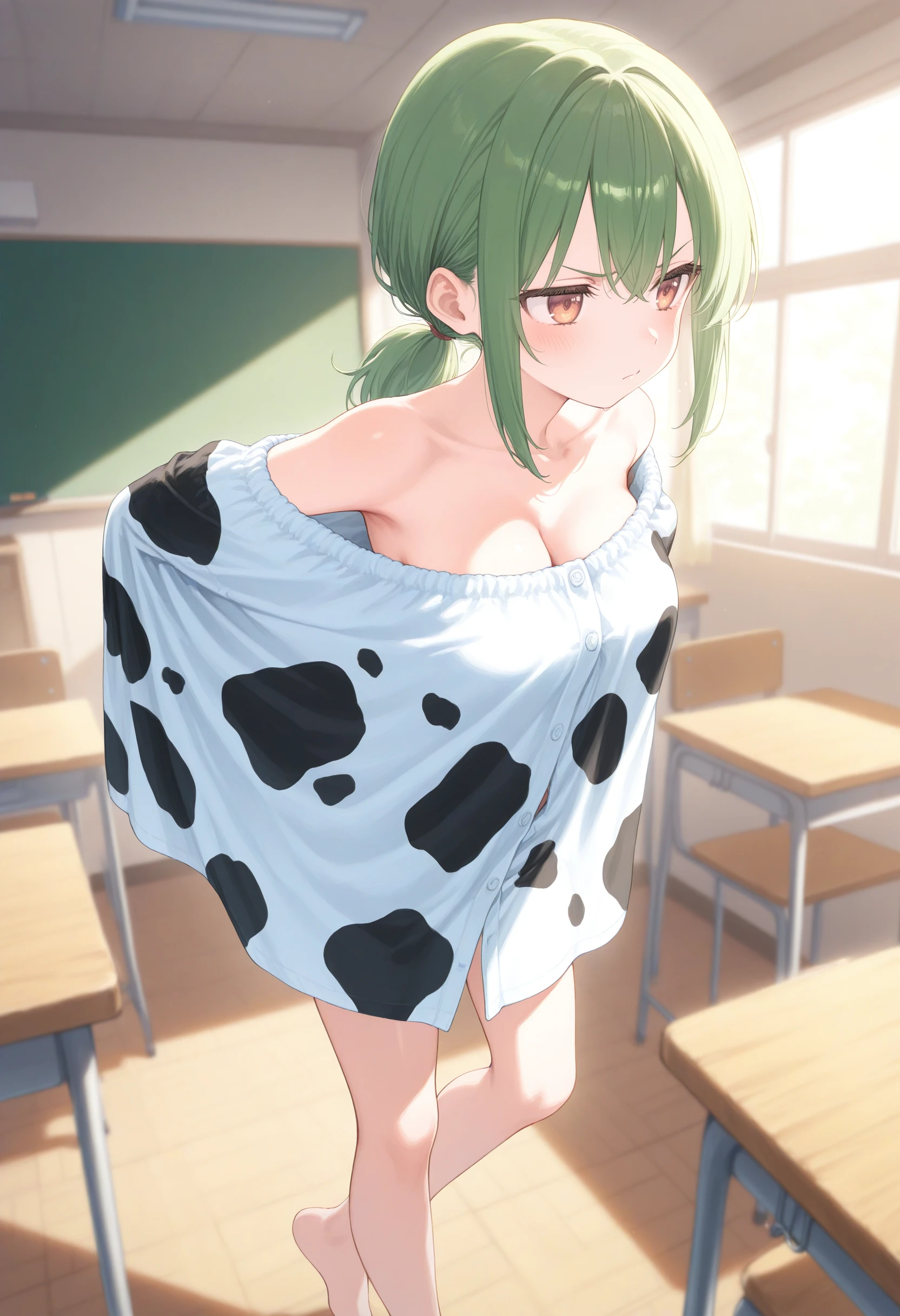 1girl,(sho \(sho lwlw\):0.7),(toosaka asagi:0.5),(sincos:0.3),solo,
masterpiece, best quality, newest, absurdres, CG, anime, source anime, illustration,medium breasts,
wrap towel, classroom, blush, indoors, barefoot, school desk, undressing, chair, <lora:wraptowel_Illust_v1:0.8>
standing,cow print,
ceiling, feet out of frame, looking up, green hair, brown eyes,annoyed, closed mouth, low ponytail hair,,