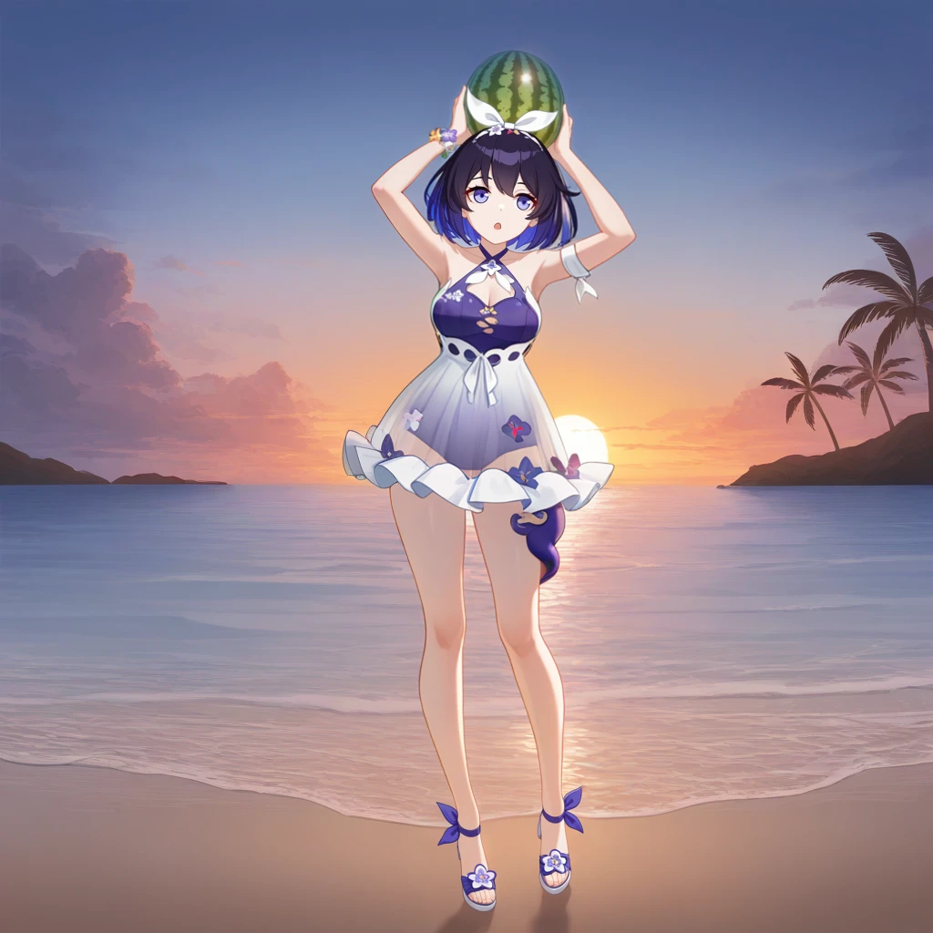 masterpiece, best quality, ultra-detailed, very asthetic, year 2023, very aesthetic, newest, scenery, highres, 4k, absurdres, 8k, colorful,vibrant, glowing, perfect face, 2d, perfect eyes, detailed eyes, 1girl, solo, high heel sandals, beach, ocean, outdoors, palm trees, rocks, pebbles, detailed background, evening, sun, sky, clouds, holding water melon above head, curious, open mouth, leaning to side, looking at viewer, full body, short hair, seele vollerei, SelVel, Fol003, Sel_Swm, black hair, blue hair, colored inner hair, purple one-piece swimsuit, casual one-piece swimsuit, white sundress, see-through dress, alternative white dress, purple flower, swimsuit under clothes, see-through, criss-cross halter, hair ribbon, white ribbon, white bow, clothing cutout, cleavage, white armband, bracelets, purple octopus, animal around leg,masterpiece, best quality, ultra-detailed, very aesthetic, newest, scenery, absurdres, perfect anatomy, perfect legs, perfect face, perfect eyes,