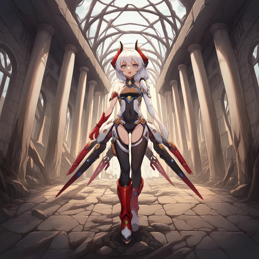 score_9_up, score_8_up, score_7_up, source_anime, 1girl, solo, ruins, laboratory, loose wires, wires, ancient ruins, debris, walking, futuristic background, metal walls, hallway, hand on wall, full body, black armored boots, confused, open mouth, looking ahead, detailed background, ceiling light, theresa apocalypse, white hair, blue eyes, Teri, Fol002, Tr_Mit, armored leotard, black leotard, halterneck, mechanical horns, covered navel, sideless outfit, white trim, miscolored gloves, single elbow glove, armored gloves, white glove, red glove, black thighhighs,