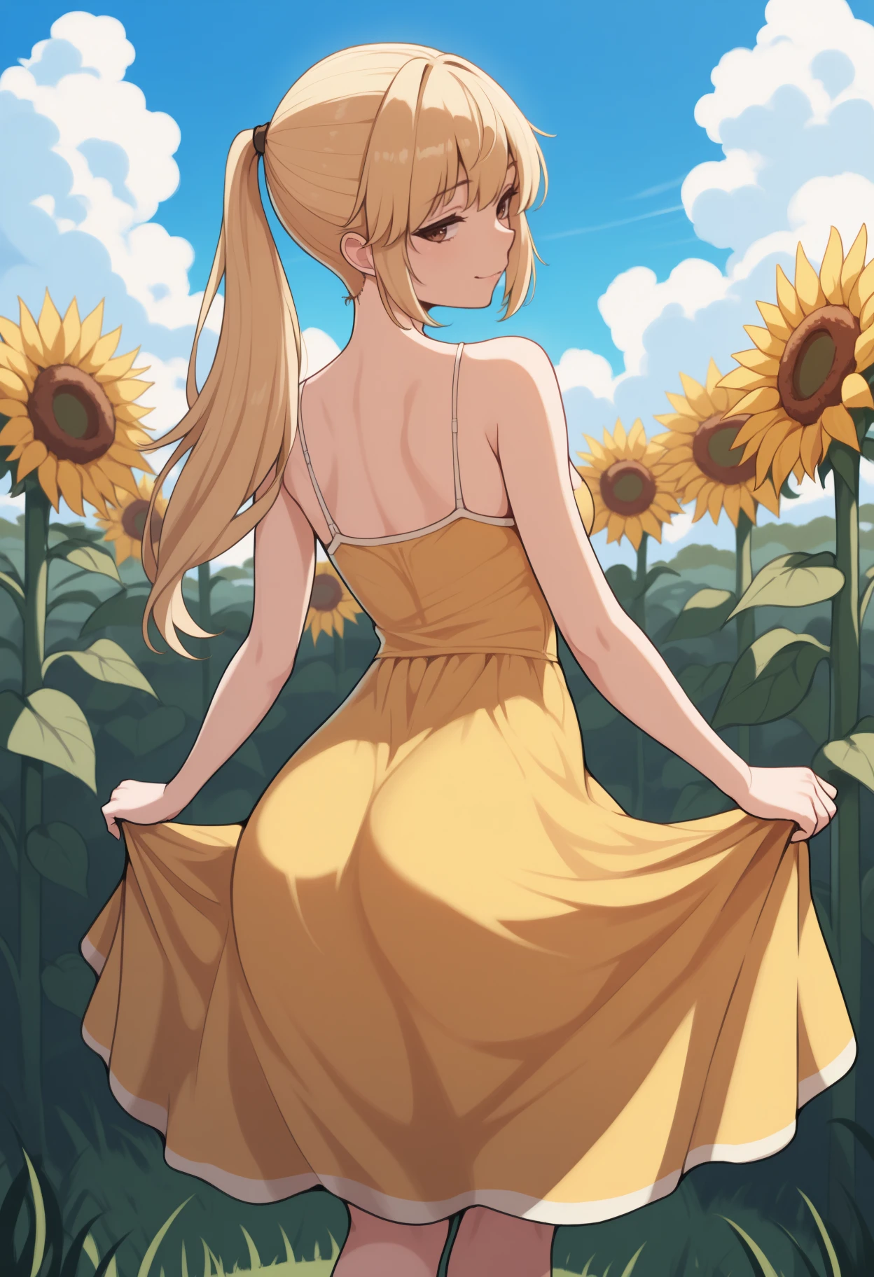 masterpiece, best quality, from behind, solo, 1girl, wgynj, slight smile, looking back, skirt hold, long hair, blonde hair, ponytail, brown eyes, yellow sundress, spaghetti strap, bare shoulders, outdoors, blue sky, cloud, grass, sunflower field
<segment:yolo-Anzhc Face seg 640 v2 y8n.pt,0.4,0.5//cid=1>