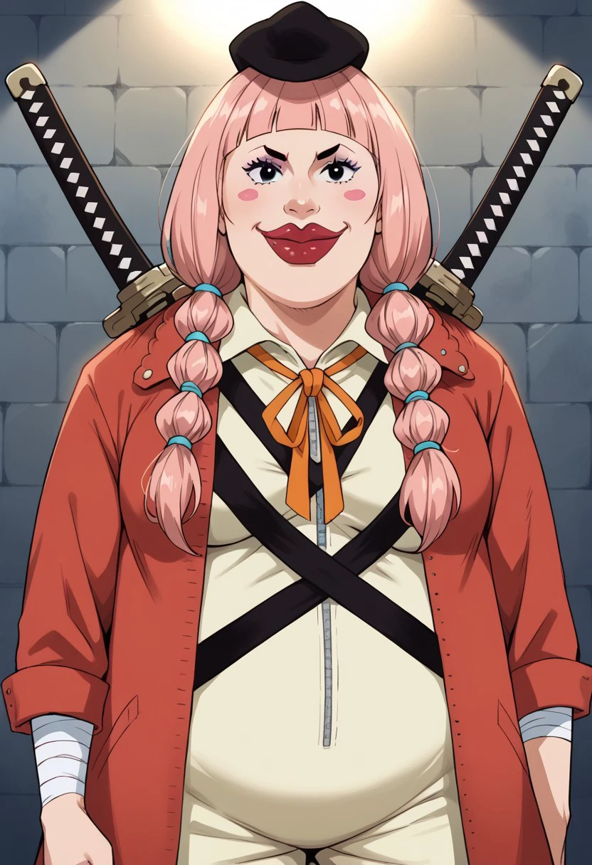 CharlotteLolaOP, 1girl, solo, chubby, long hair, pink hair, bangs, black hat, two pigtails, braids, black eyes, nose, shiny red lips, blush stickers, large head, teeth, one missing tooth, makeup, large breast, large belly, red coat, light green clothes, collar, neck ribbon, shoes, bandages, weapon, katana, weapon on back,
seductive pose, sexy pose, tease, in the spotlight,,
smile, jojo reference,
score_9, score_8_up, score_7_up, beautiful aesthetic, very intricate, high quality details,vibrant, highly detailed, award-winning, professional,anime artwork, anime style, studio anime, athletic, curvy body, athletic girl, perky tits,large breast,perfect tits, round breasts, nipple outline,looking at viewer, pinup pose,teasing, dynamic lighting, cinematic, smug, better than you, aura of temptation, highly detailed, high resolution, masterpiece, detailed clothes, detailed background, highly detailed, ((sound effects)) comic layout,