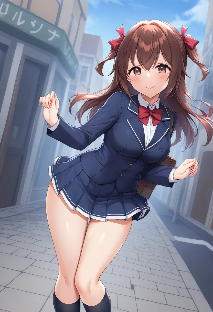 (((pixel perfect, Perfect in every detail))), alone, 1 girl, Mr. Watanabe, uranohoshi , bow tie, looking at the viewer, smile Solo 1 Girl Scenery crowd (too short mini skirt:1.2), swaying chest, short torso, incredibly thin waist, The wind blows up my skirt, (thin and long legs), blush your nose, open your mouth, (NSFW), heavy breathing, orgasm, Man juice dripping down her thighs blazer,open clothes,collared shirt,sweater vest, plaid pleated mini skirt, black socks, Are standing, (perfect hands, perfect anatomy), ,light blue pants、lace underwear((light blue lace panties))、light blue panties、lift up the skirt、lift up the skirt、regret、black leather shoes、squat、Take from below、night downtown background