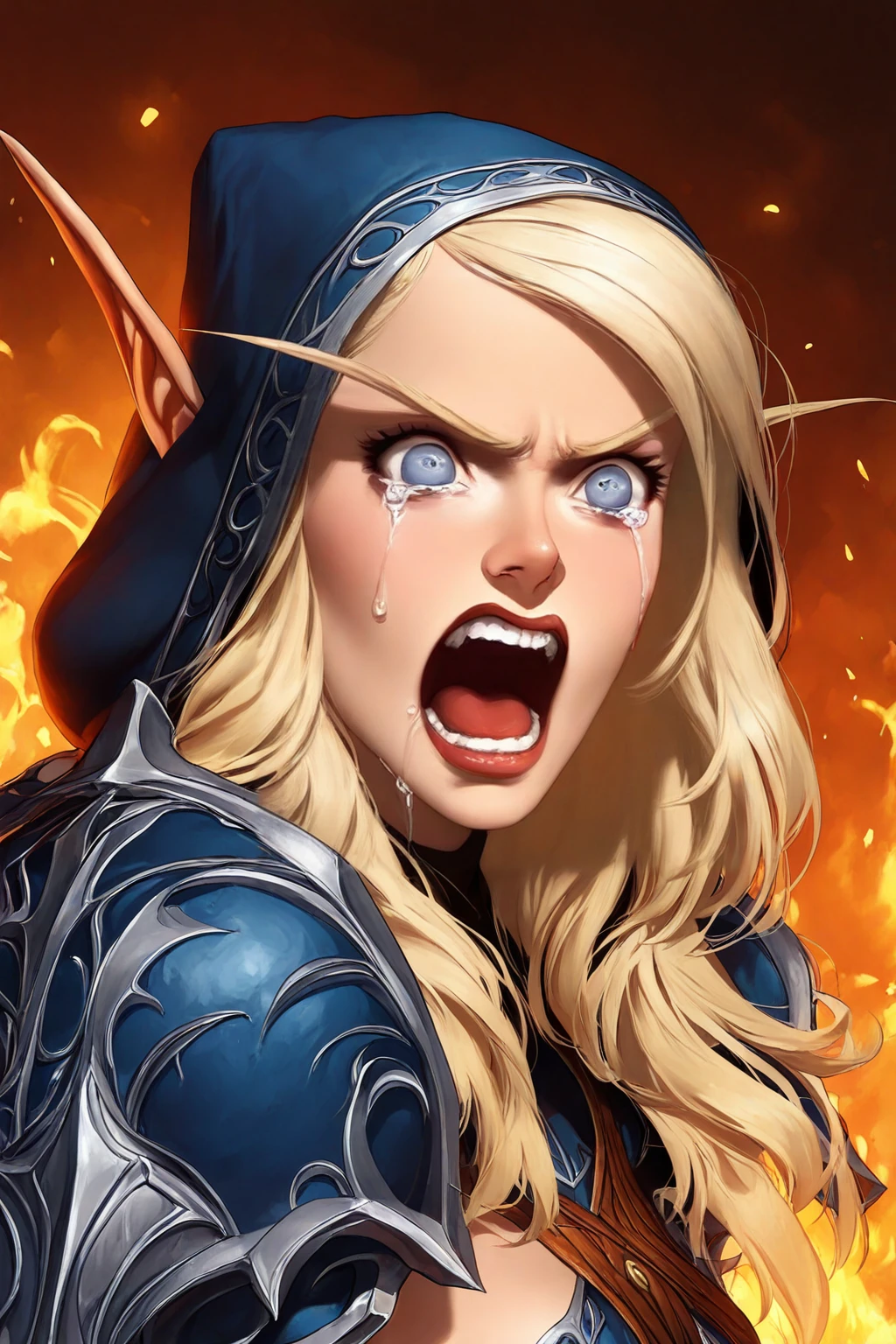 masterpiece, good quality, best quality, very awa, very as2, absurdres, highres, realistic
<lora:Sylvana WindrunnerElfilluLoRA:1>sylwinog, long hair, blue eyes, blonde hair, elf, pointy ears, pauldrons, hood, breastplate, crying with eyes open, mouth open, shouting, fire, portrait, from side
<lora:80FantasyStyleilluLYCO:0.8> fantastyle