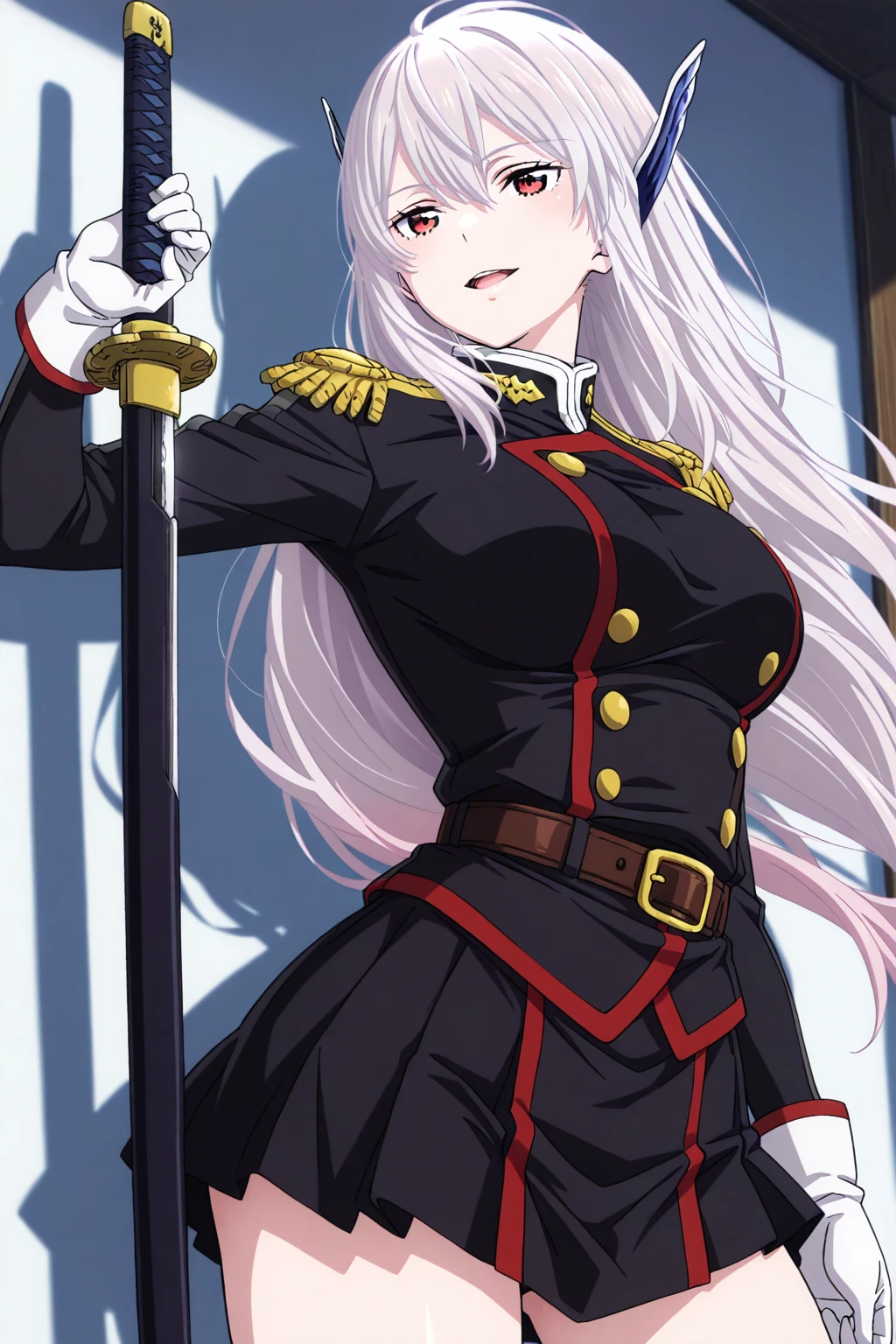 kyouka_uzen, 1girl, weapon, long hair, solo, sword, gloves, uniform, open mouth, belt, white hair, red eyes, military, holding, white gloves, military uniform, sheath, cowboy shot, seductive smile, <lora:KyoukaUzen-IllustXL:1>, (masterpiece),(best quality),(ultra-detailed),(best illustration),(best shadow),(absurdres),(detailed background),(very aesthetic),