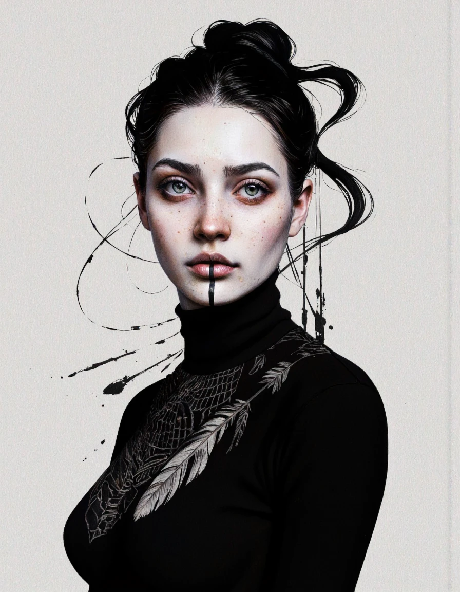 By Laura H. Rubin. A digital illustration shoot from a profile camera angle about a close-up portrait of a young woman with striking features, featuring a striking black and white color scheme. the image also shows abstract lines and brush strokes in the background. on the middle of the image, a 20 years old woman appears to be facing the viewer, looking directly at the viewer with her blue eyes. she has fair skin, black hair styled in a neat updo, and is wearing a black turtleneck with a textured, feather-like pattern. her expression is neutral, with parted lips and a subtle nose. her body is slim and she is wearing minimal clothing. the background is a plain, light-colored wall with a subtle texture. <lora:Laura_H._Rubin:0.8>