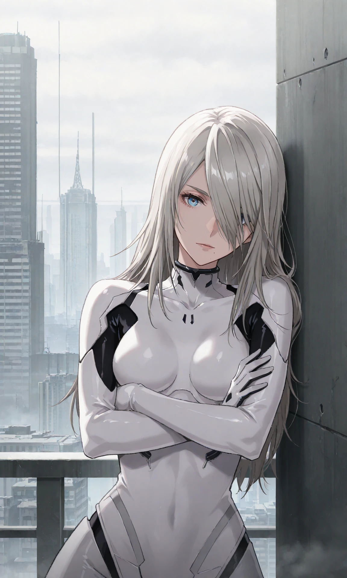 a2yorha, 1girl, solo, blue eyes, long hair, hair over one eye, bodysuit, long sleeves, cyberpunk, scince fiction, white bodysuit, plugsuit, leaning to the side, leaning on wall, crossed arms, upper body, close-up, scenery, city, fog, skyscraper, balcony, looking at viewer, mature female,
(masterpiece, best quality:1.2), absurdres, highres,