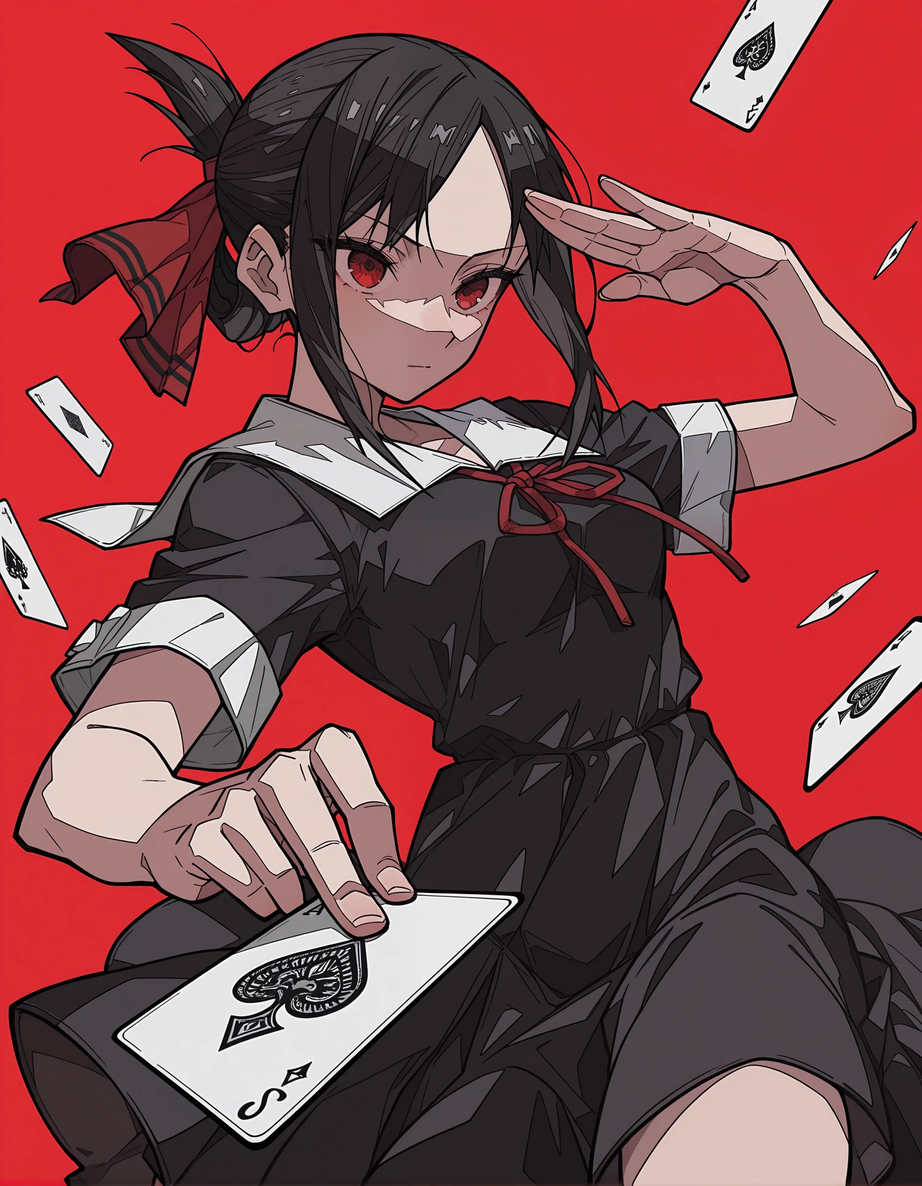 incredibly absurdres, masterpiece, absurdres, high quality,7A3IFRHPR_illu, <lora:hwm4to7A3IFRHPR:1>,ligne claire, dynamic pose, shinomiya kaguya, 1girl, solo, red background, red eyes, shuuchiin academy school uniform, folded ponytail, school uniform, ribbon, dress, red ribbon, black hair, black dress, summer uniform, card, bangs