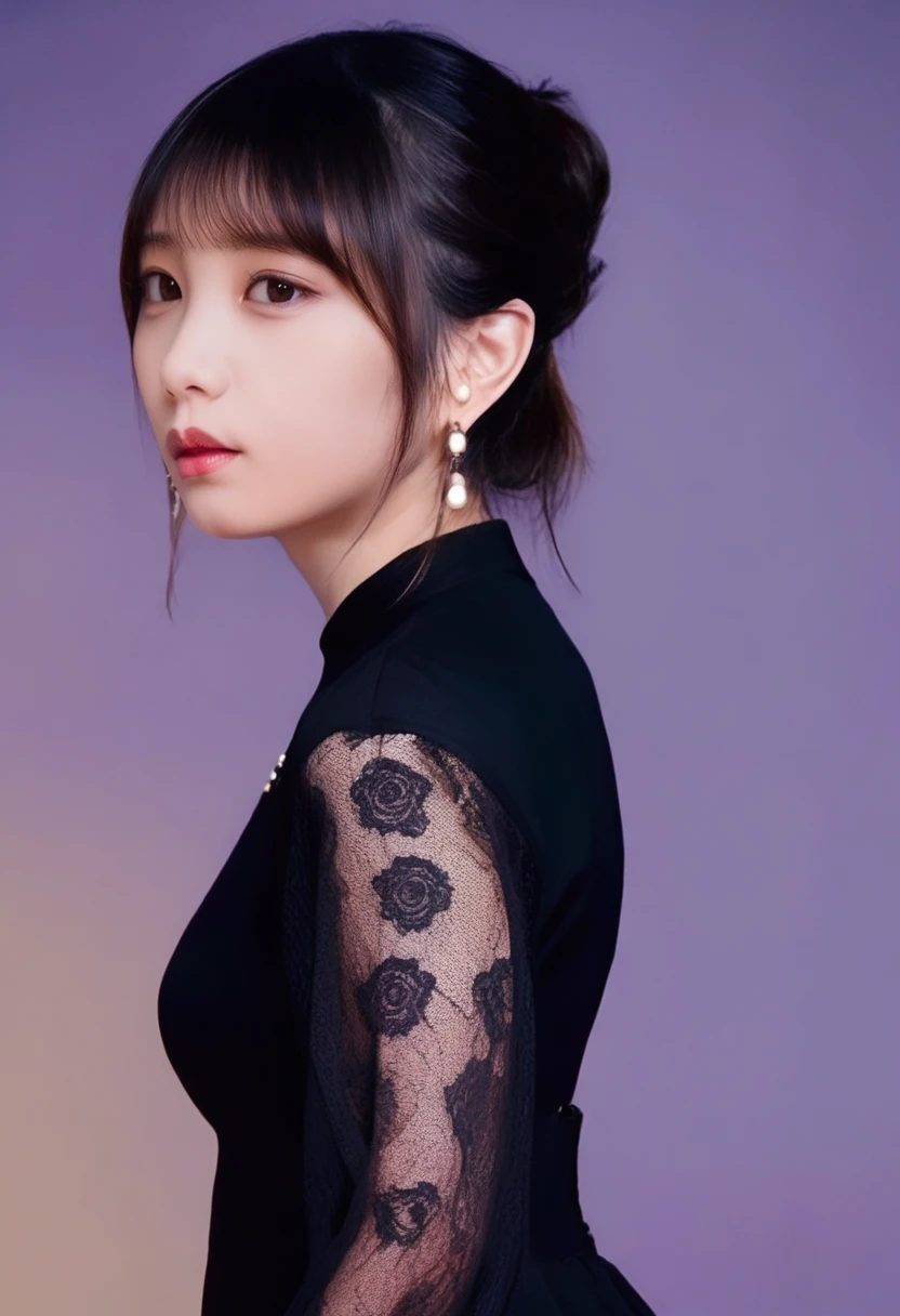 score_9,score_8_up,score_7_up,8k,hd,realistic,real life,(photorealistic),detailed,realism,1girl,solo,perfect lighting,portrait,(film grain:1.3),soft focus,soft light,blurry background,from side,medium breasts,<lora:yodachan_v4_novaa50_3150-000040:1>,yodachan,looking at viewer,long hair,bangs,black hair,brown eyes,mole,high ponytail,parted bangs,(shortstack:0.6),(long sleeves:1.4),(black dress:1.5),((see-through sleeves)),earrings,((lace pattern)),night,stand neck,lace,puffy sleeves,