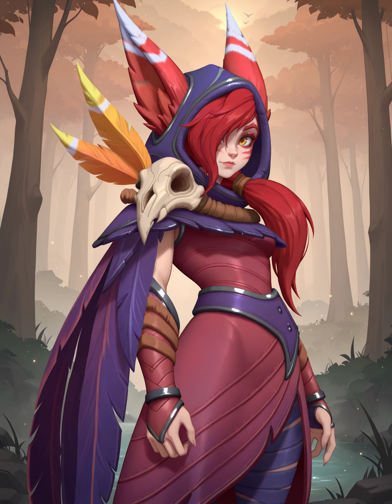 <lora:Xayah_lol_wr:1> 2d, 1girl, solo, slim, xayah_lol_wr, cheek marks, cat eyes, yellow eyes, red hair, long hair, bangs, hair over one eye, animal ears, ears through headwear, medium breasts, hood up, hood, feathers cloak, red dress, belt, bird skull, yellow feather on bird skull, red skirt, gauntlets, xayah_pants, xayah_pants_bandaged, bandage pants, monster bird feet,
looking at viewer, focused,
masterpiece,best quality,amazing quality,very aesthetic,absurdres,newest,
outdoors, forest, nighttime,
cowboy shot, from side, side view