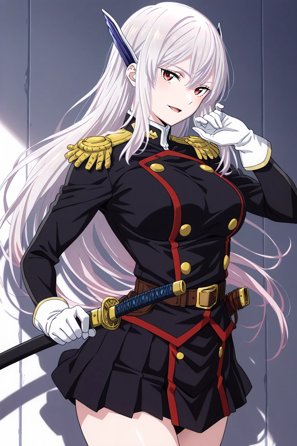 kyouka_uzen, 1girl, weapon, long hair, solo, sword, gloves, uniform, open mouth, belt, white hair, red eyes, military, holding, white gloves, military uniform, sheath, cowboy shot, seductive smile, <lora:KyoukaUzen-IllustXL:1>, (masterpiece),(best quality),(ultra-detailed),(best illustration),(best shadow),(absurdres),(detailed background),(very aesthetic),