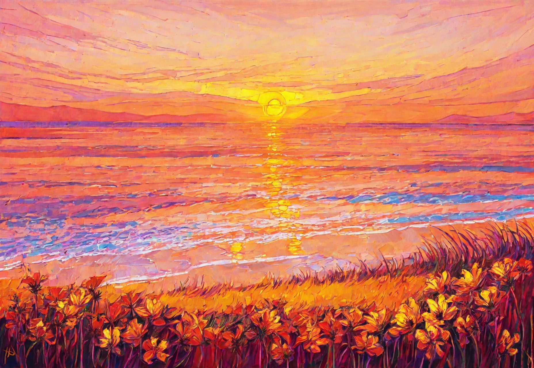 masterpiece, grass, flowers, sunset, beach, reflection, orange theme, Erin Hanson