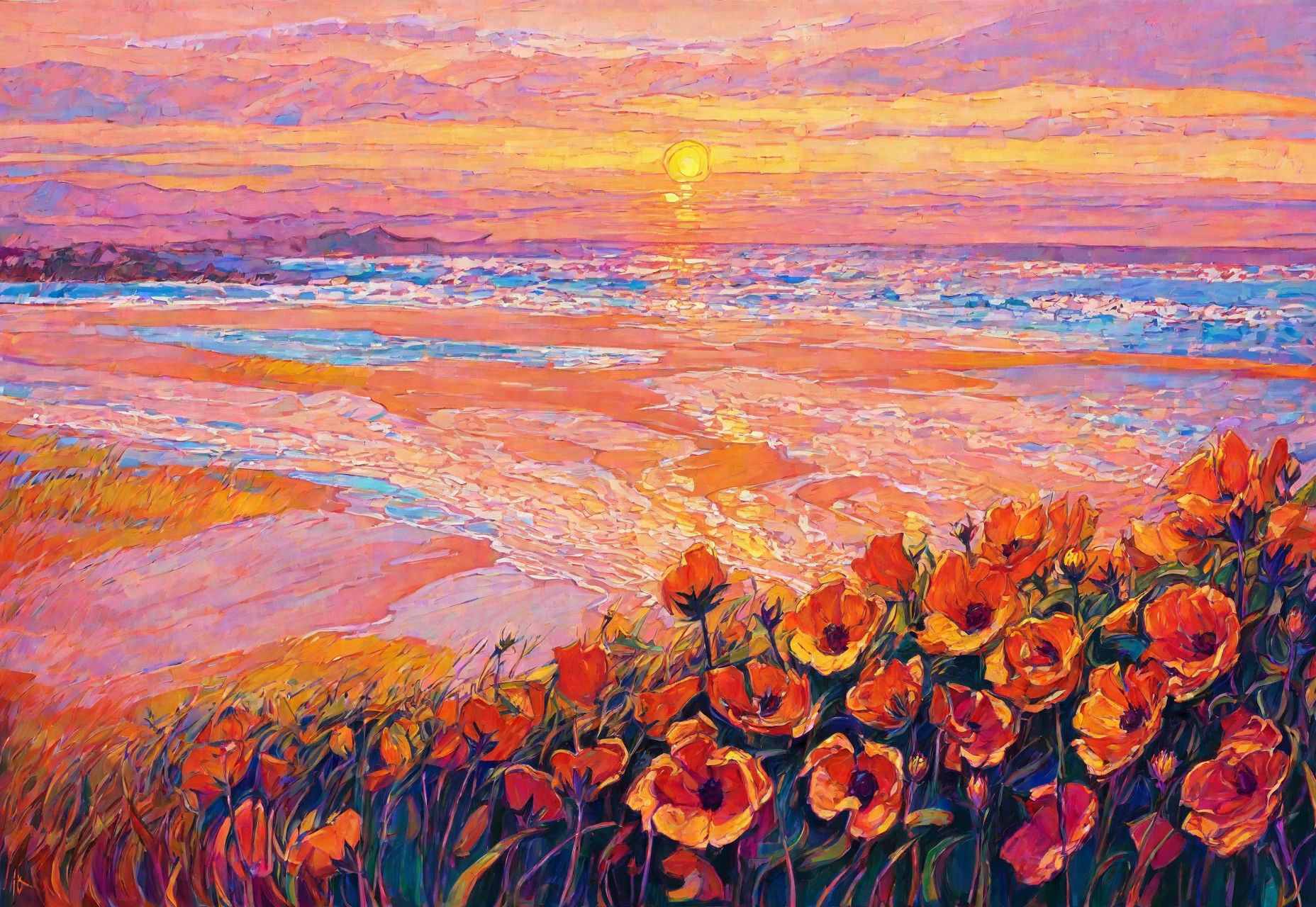 masterpiece, grass, flowers, sunset, beach, reflection, orange theme, Erin Hanson