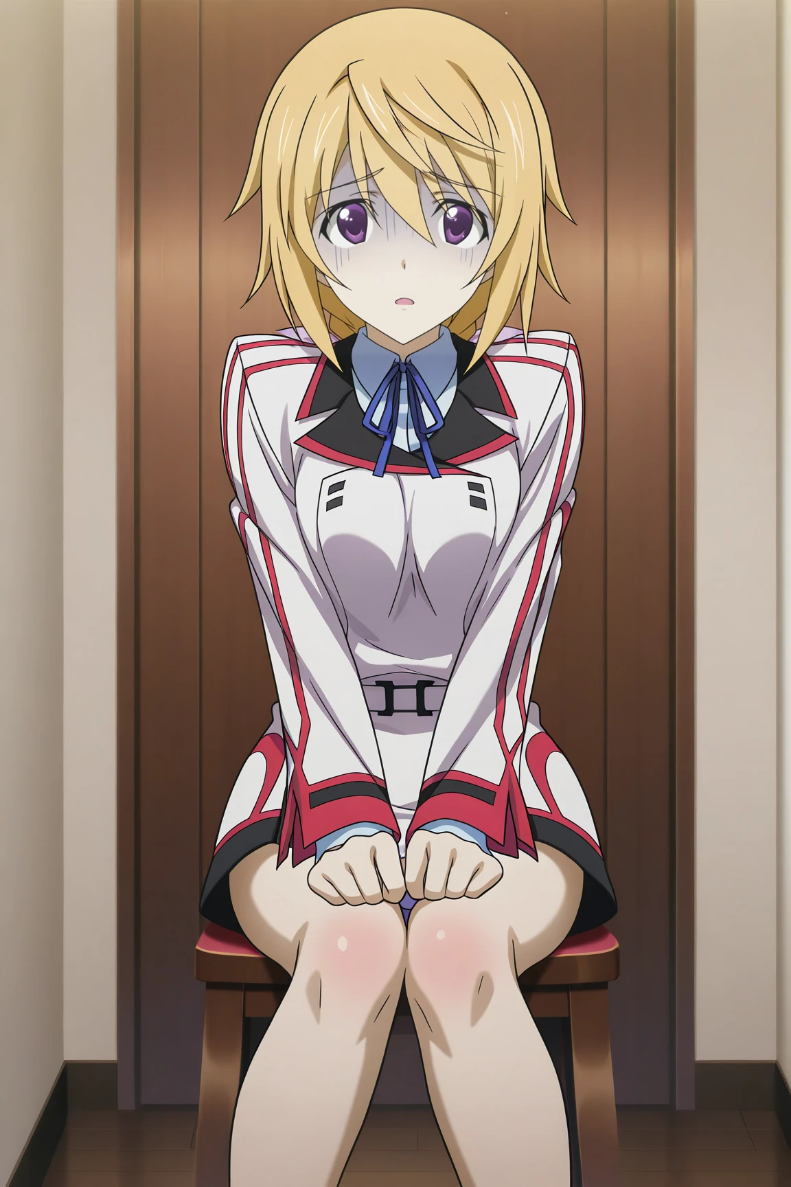 masterpiece, best quality, absurdres, highres, source anime, very aesthetic, BREAK, anime coloring, anime screencap,
<lora:charlotte_dunois_v3-illustrious:1>,1girl, charlotte dunois, infinite stratos, blonde hair, purple eyes,
infinite stratos academy school uniform, knees,
BREAK, looking at viewer, open hand, gloom (expression),
BREAK,