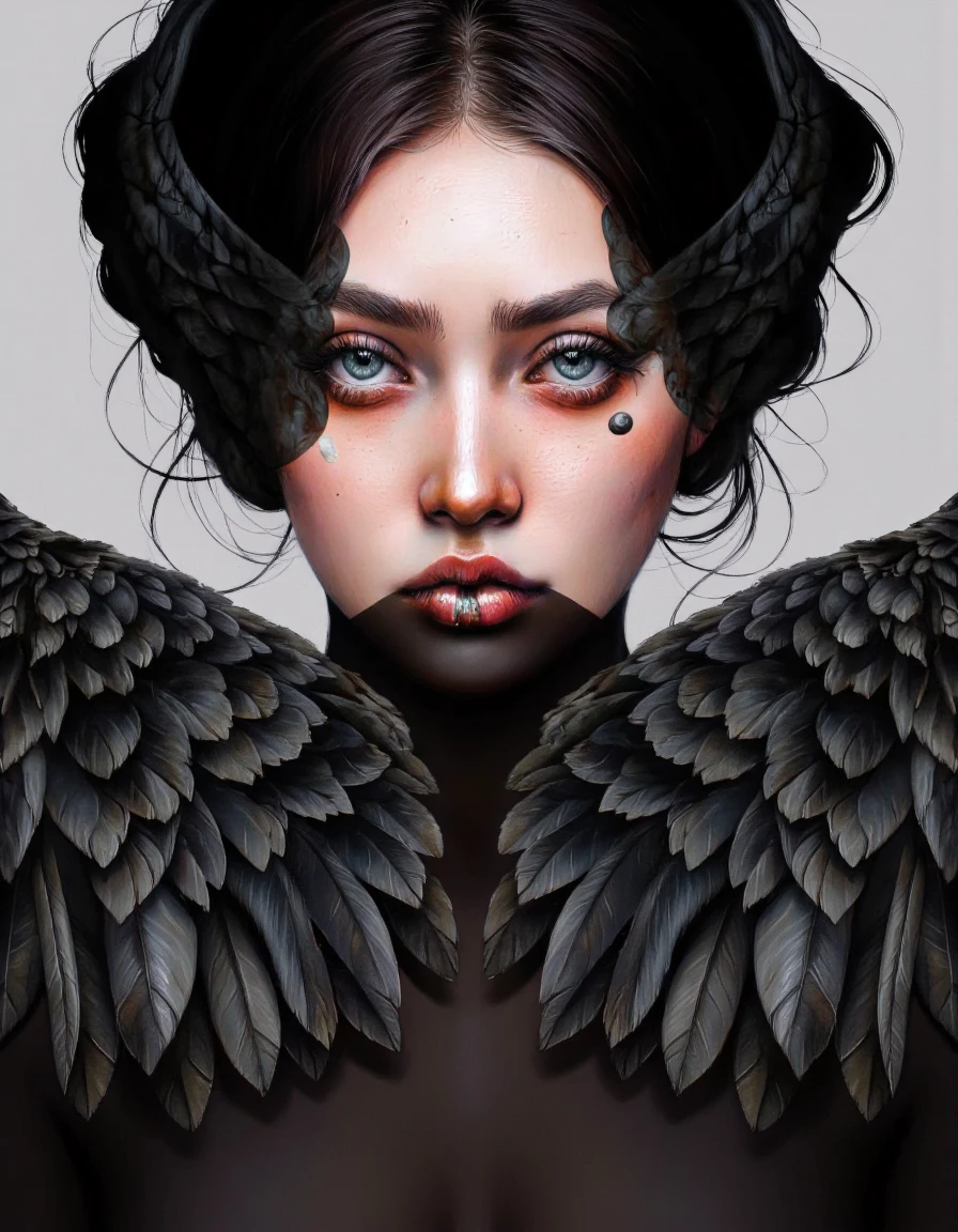 By Laura H. Rubin. A highly detailed digital artwork featuring a close-up portrait of a woman with an ethereal, almost otherworldly aesthetic. The subject's face is partially obscured by large, dark, feathery wings that wrap around her head and shoulders, casting dramatic shadows and adding a sense of mystery. Her skin is pale, with a slight sheen, and she has striking, almond-shaped eyes with a hint of green and a dramatic, winged eyeliner. Her lips are full and painted a deep, rich red, with a small, silver piercing on her lower lip.
Her nose is adorned with a small, silver nose ring, and her cheeks have a few freckles. She wears a black, form-fitting top, which contrasts sharply with the dark feathers, adding to the dramatic effect. The background is a simple, light gray, ensuring that the focus remains on the subject. The lighting is soft and directional, highlighting the texture of the feathers and the smoothness of her skin. The overall style is a blend of realism and fantasy, with a focus on detailed textures and shadows, creating a visually striking and evocative image. <lora:Laura_H._Rubin_II:0.8>