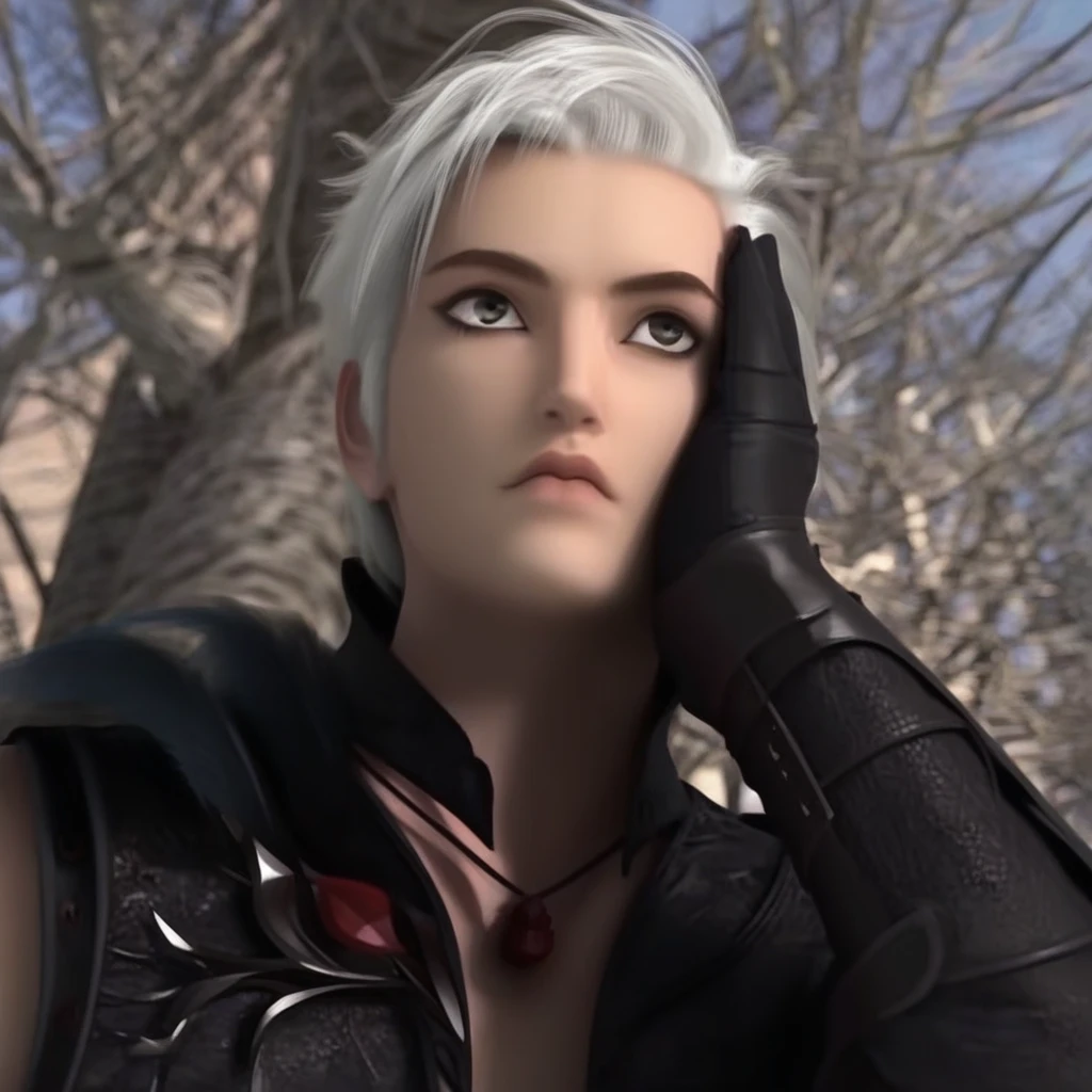 armor, black gloves, jewelry, pants, looking up, hand on own face, lips, tree, simple background, looking at viewer, outdoors, pendant