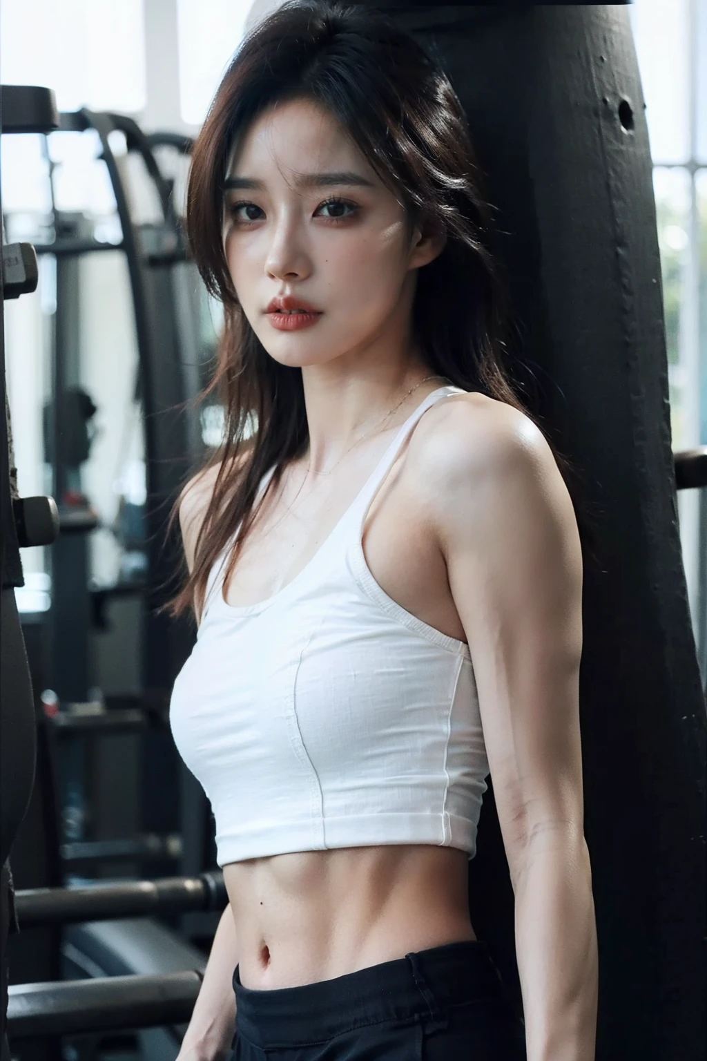 (realistic), (hyperrealism),best quality, masterpiece,ultra high res, (photorealistic:1.4),1girl,(looking at viewer:1.2),1girl, solo, realistic, looking at viewer, parted lips, halter top, training pants, inside gym,<lora:makina69_nuanyang_v1.0:1>