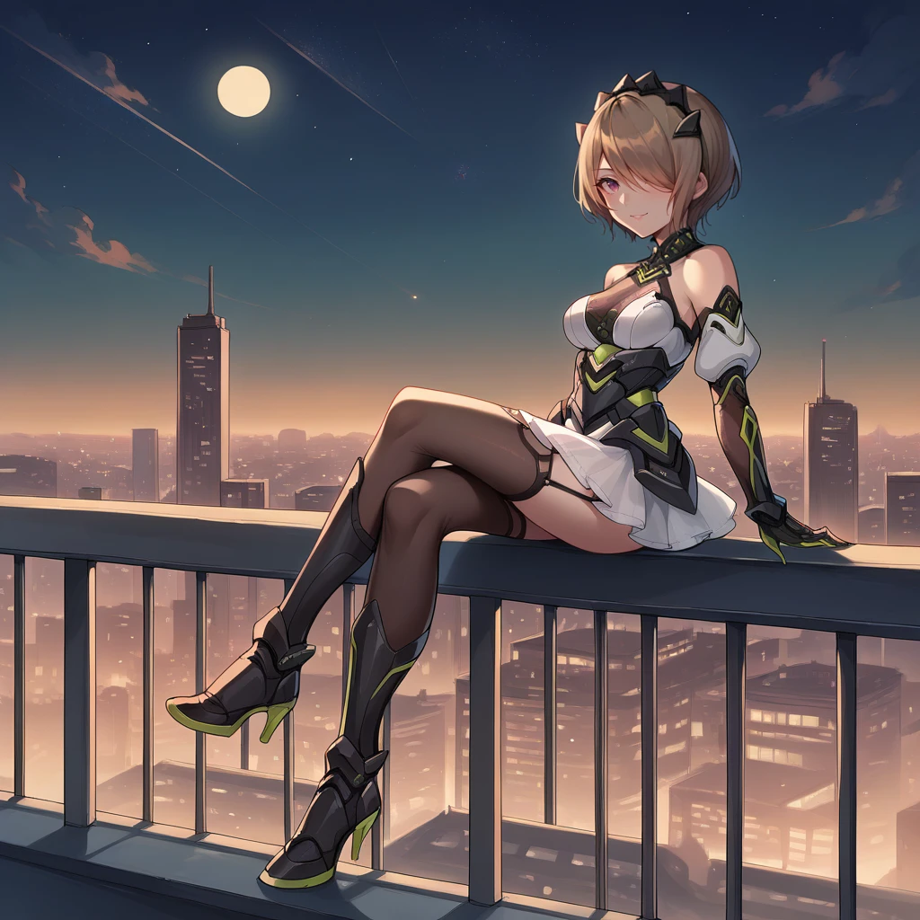 score_9_up, score_8_up, score_7_up, source_anime, 1girl, solo, neon city, cityscape, rooftop, neon lights, sitting on railing, full body, from side, looking up at sky, night sky, starry sky, leaning backwards, hands on railing, moon, shooting star, simple smile, crossed legs, brown hair, hair over one eye, purple eyes, rita rossweisse, short hair, Rita, Fol002, Ri_Phi, mask under neck, armored dress, armor, armored corset, black headdress, white dress, halter top, bare shoulders, alt detached sleeves, alt puffy short sleeves, armored gloves, alternate black gloves, alt elbow gloves, black gauntlets, green trim, see-through skirt, alt white skirt, thighhighs, alternate garter straps, black high heel boots,