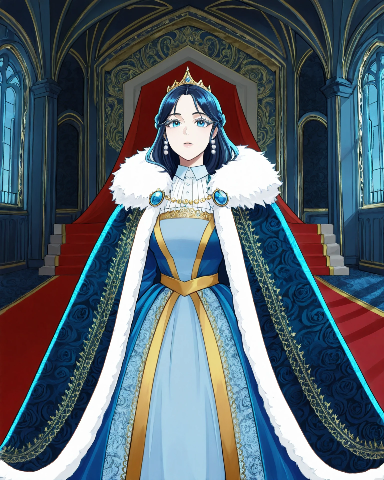 1girl, wearing medfa, medfa clothing, waist-up, fur cloak, yellow and blue, castle interior, delicate pearls, long lashes, extremely detailed clothing, jacquard fabric, intricate embroidery, gentle eyes, masterpiece, highest quality, absurdres, digital art, very detailed, 8k, best quality, high resolution, <lora:Medieval_Fashion_Illustrious:1.1>, <lora:Mairimashita_Iruma-Kun:1>
