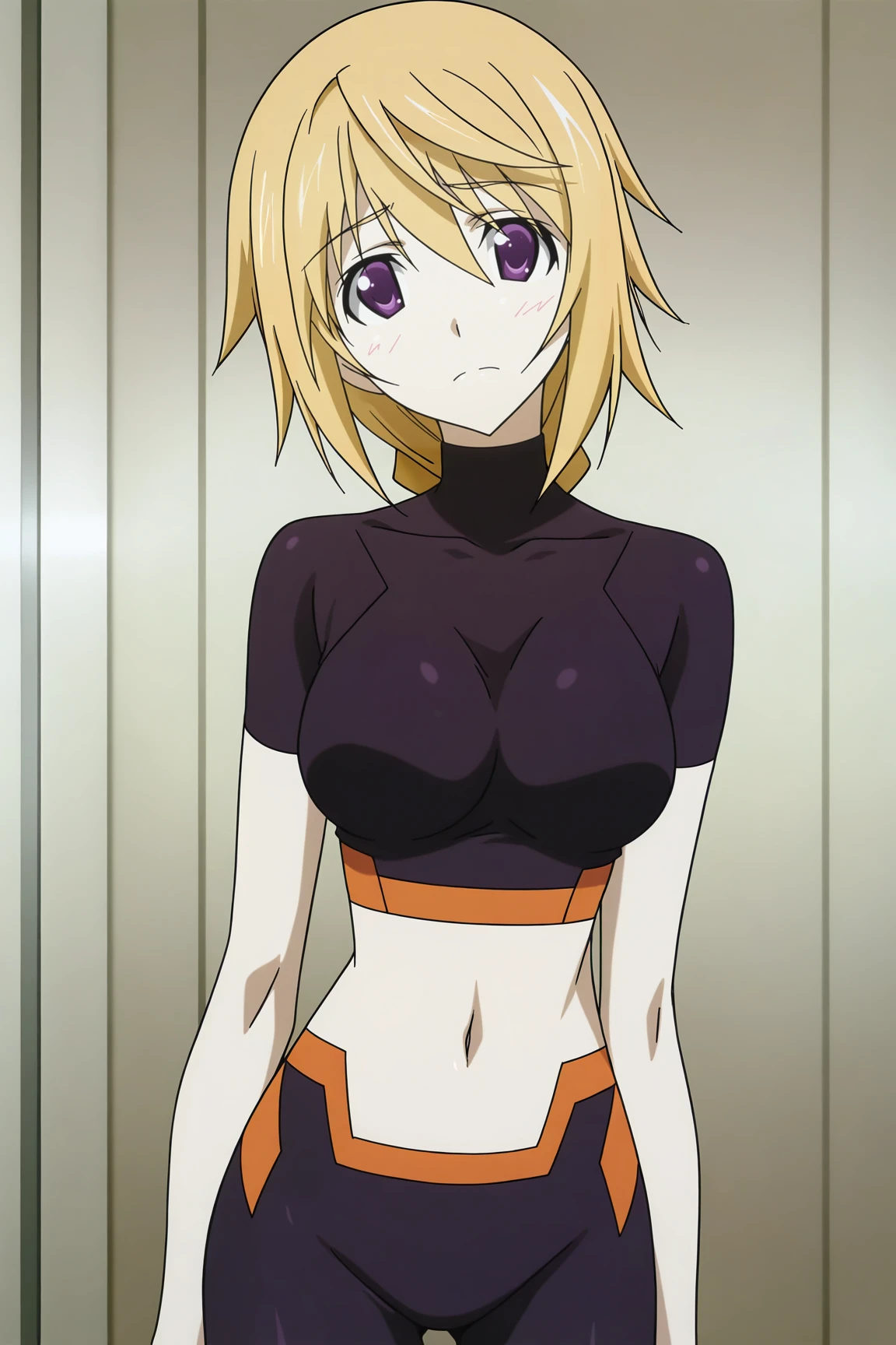 masterpiece, best quality, absurdres, highres, source anime, very aesthetic, BREAK, anime coloring, anime screencap,
<lora:charlotte_dunois_v3-illustrious:1>,1girl, charlotte dunois, infinite stratos, blonde hair, purple eyes,
pilot suit, midriff, crop top, spandex, turtleneck,
BREAK, looking at viewer, arm at side, head tilt, upset,
BREAK,