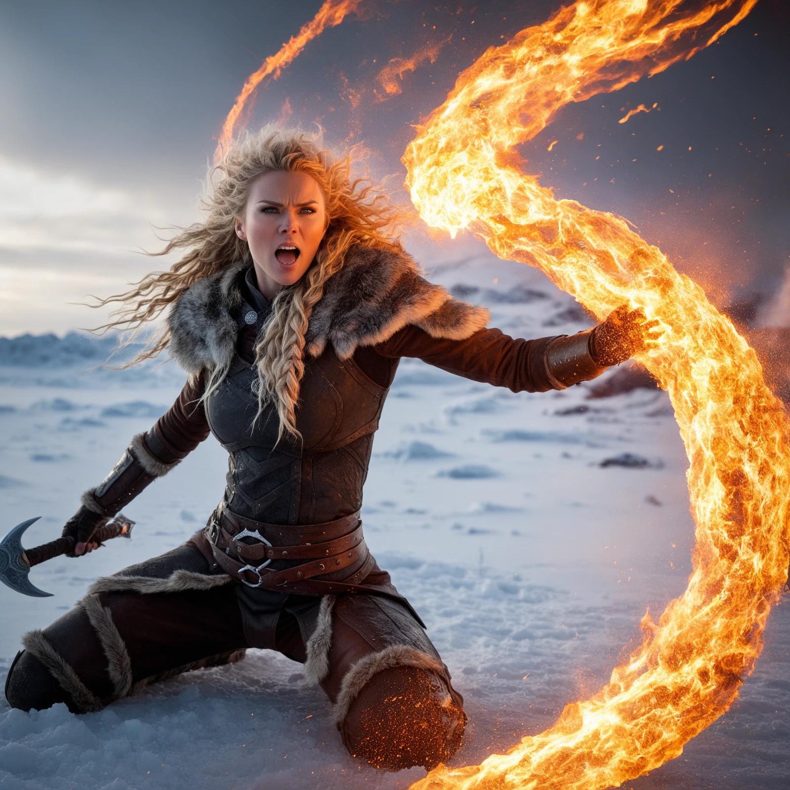 Create an intensely cinematic and dynamic depiction of a fierce Viking woman warrior with wild, curly hair, her expression burning with unyielding focus and ferocity. She hurls a blazing meteorite-like sphere of fire directly toward the viewer, the glowing orb erupting from her outstretched hand with an intense, radiant energy. The meteorite leaves a trail of embers, smoke, and fiery sparks as it moves, drawing the eye into the chaotic, frozen battleground around her. The backdrop is a snowy and wind-swept war zone, filled with the remnants of a brutal conflict: scattered swords, shields, and broken banners buried partially in snow and blood-soaked ice. Her fierce, muscular stance embodies power, defiance, and raw determination, as the cold air contrasts with the fiery light of the burning meteor. The scene is richly detailed, capturing the tension of the moment, with faint silhouettes of armies clashing in the distance, snowflakes illuminated by the fiery glow, and the raw energy of battle lingering in every detail. BREAK Create a visually striking scene featuring an intensely focused Viking woman warrior with wild, curly hair, her expression fierce and determined, as she hurls a burning meteorite from her hand directly toward the viewer. The glowing, fiery sphere is mid-flight, leaving her hand with an explosive trail of smoke, embers, and golden sparks that illuminate the cold, snowy air. The backdrop is an intense, chaotic battleground in harsh winter conditions, with frost-covered ground scattered with fallen swords, shields, and shattered armor. Behind her, army banners flutter violently in the icy wind, framing the scene with a sense of urgency and impending destruction. The lighting emphasizes the stark contrast between the fiery glow of the meteorite and the cold, muted tones of the snow-covered battlefield. BREAK The scene unfolds in breathtaking detail, frozen in a moment of raw power and chaotic beauty. A fierce Viking woman warrior stands as the focal point of the battlefield. Her wild, curly hair cascades in untamed waves around her face, whipped by the icy winds, giving her an almost elemental presence. Her eyes burn with an unyielding ferocity, the expression on her face a mixture of rage, determination, and primal focus.
From her outstretched hand, she unleashes a blazing meteorite-like sphere of fire, the fiery projectile captured mid-flight as it hurtles directly toward the viewer. The orb glows with an intense radiant energy, its surface crackling and pulsating like molten lava. The trail it leaves behind is a stunning eruption of embers, smoke, and fiery sparks, carving a bright, chaotic path through the cold air. The flames lick and twist like living things, their golden hues reflected in the glistening frost and snow beneath her feet.
The backdrop is a snowy, wind-swept war zone, a frozen stage for the brutal conflict that rages on. Around her, the remnants of battle tell a haunting story: scattered swords, shattered shields, and broken banners lie half-buried in the blood-stained snow and ice. The faint crimson streaks on the frozen ground contrast sharply with the icy whites and muted grays of the wintry landscape. Behind her, tattered army banners snap violently in the cold wind, their frayed edges a testament to the savagery of the fight.
Her stance exudes power and defiance, a muscular, battle-hardened frame braced against the cold. Snowflakes drift and swirl around her, illuminated by the fiery glow of the meteorite. The lighting creates a stark and striking contrast: the cold, muted tones of the battlefield clash with the warm, dynamic light of the fire, which bathes her and the immediate surroundings in an ethereal, fiery radiance.
In the distance, faint silhouettes of warriors are locked in combat, their forms blurred by the swirling snow and icy haze. The clamor of battle seems to hang in the air, a palpable tension underscoring the moment. The fiery meteorite she hurls feels like a force of nature, a defiant roar against the frozen desolation and chaos around her.
Every detail of the scene crackles with energy and tension: the movement of the meteorite, the contrast between fire and ice, and the fierce resolve in the Viking warrior's expression. It's a moment frozen in time, rich with cinematic drama and the raw, untamed spirit of battle. BREAK
**Fierce and Untamed**
Her hair, a storm of curls,
whips wild against the wind,
a tempest crowned in frost,
her breath steaming in clouds of fire.
Eyes burn like embers unquenched,
locked on the void before her,
unyielding, ferocious,
a flame that will not bow.
From her outstretched hand,
she hurls the heart of the sunâ
a meteor ablaze,
molten and furious,
searing the frozen air.
It arcs, a fiery beast,
trailing smoke, embers, sparks,
its roar slicing the silence of snow.
The flames twist and writhe
like serpents unleashed,
their light carving violent patterns
into the frost-cloaked earth.
Behind her, the battlefield sprawls,
a vast, frozen graveyard:
shattered shields,
splintered swords,
banners torn to trembling ghosts
in the howling, icy wind.
Blood stains the snow in jagged streaks,
a crimson song etched into winterâs desolation.
Her stance is granite,
carved by the hammer of war,
muscles taut as drawn steel,
defiance etched into every line.
The cold bites at her skin,
but she is fire incarnate,
a flame untouched by frost.
Around her, the chaos livesâ
snowflakes swirl,
caught in the glow of her fury,
while armies clash as shadows
in the distance,
their forms blurred by the storm.
The echo of battle lingers:
the clash of iron,
the cry of the dying,
the primal roar of survival.
Yet in this moment, all falls silent,
save for the blazing orb she wieldsâ
its fury, a defiant scream,
its path, an oath of destruction.
Fire and ice collide,
a rift in the fabric of the world.
She stands,
a fierce and untamed force,
a Viking forged in frost and flame,
a warrior,
unshaken,
unyielding,
eternal.
BREAK
The Viking woman stands in the eye of the storm, her form a tempest of raw strength and unshakable resolve. Her wild, coppery hair churns around her head like a halo of fire, tangled and alive, mirroring the chaos of the battle around her. Her pale skin glows with the reflected light of her own fury, streaked with soot and blood, while her piercing eyesâembers of some internal infernoâlock onto her target with deadly precision.
Her body is coiled like a predator in mid-strike, muscular arms taut as she unleashes the blazing meteorite from her outstretched hand. The sphere itself is a fragment of wrath, molten and alive, its surface splitting with veins of golden heat, spilling ribbons of fire as it tears through the icy air. It burns impossibly bright, a defiant star descending into destruction, the contrast so sharp it feels as if the fire could sear through the frozen world around her. The trail behind it is chaos incarnateâembers spiraling like furious moths, smoke curling in violent tendrils, fiery sparks exploding outward in a storm of orange and gold.
The frozen battlefield spreads around her in grim detail, a canvas of stark contrasts. Snow blankets the ground, but the pristine white is stained with the dark, arterial streaks of blood that run like rivers through the ice. Broken weapons glint faintly in the scattered light: a shattered sword, an axe embedded in a splintered shield, the metal frostbitten and dull. A banner lies torn and forgotten, its crimson threads twisting in the wind like a ghost of former glory. The ground itself is churned into chaos, boot prints and the indentations of fallen warriors frozen in time beneath a dusting of new snow.
Behind her, the war rages on. Silhouetted figures fight in the distance, faint against the curtain of swirling snow. Their movements are frantic and disjointed, the clash of steel and screams of the dying reduced to a muffled dirge in the howling wind. The air is alive with tension, each breath a sharp dagger in the cold, each moment a gamble against death. Yet, here at the center, the Viking woman is utterly stillâsave for the fire she has unleashed.
Her attire speaks to a life carved in battle. Leather armor reinforced with iron plates clings to her form, its edges frayed and scarred. Fur-lined bracers protect her arms, though they cannot hide the brutal marks of countless fights: old scars, fresh cuts, and bruises that bloom like dark flowers against her skin. Around her waist, a belt adorned with trophies of her enemiesâa necklace of teeth, a dagger still crusted with frozen bloodâsways with the force of her movements.
The wind howls, but the fire roars louder. The meteorite streaks toward the viewer, larger now, consuming more of the frame as it barrels forward, a living comet of vengeance. The embers it sheds drift toward us, faint pinpricks of heat in the icy vastness, carrying with them the echoes of the fury behind the throw. Snowflakes, caught in the meteorâs fiery wake, vaporize instantly, leaving tiny puffs of mist that dissipate in moments. The contrast between the searing heat of the meteorite and the frozen desolation of the battlefield is jarring, almost surreal, the two elements locked in an eternal conflict that mirrors the battle of flesh and steel raging in the distance.
Her face is a portrait of ferocity, every line and shadow etched with purpose. Her teeth are bared in a snarl thatâs almost primal, her lips cracked from the biting cold but unyielding. Her eyesâthose fierce, unrelenting eyesâburn brighter than the meteorite she hurls, brighter than the sun hidden behind the gray, storm-laden sky. This is not just a warrior. This is a force of nature, a living storm of fire and fury, defiance incarnate.
In this frozen, fiery tableau, time itself seems to slow. The meteorite hangs suspended mid-flight, the trail of fire behind it lingering in the air like a painterâs brushstroke, as if the universe itself is reluctant to let go of the moment. Snowflakes catch the fiery light, sparkling like molten stars before they fade into nothingness. The womanâs hair twists wildly around her face, framing her like a lionâs mane, a crown for the queen of the battlefield.
This is the climax of the chaos, the boiling point where fury meets resolve, where the elements themselves seem to bow to the sheer force of her will. And in this instant, she is more than human. She is a legend in the making, the kind of story whispered in hushed tones around the fires of longhouses, a name to be carved into the annals of history.
And the meteorite burns on, its heat reaching out to the viewer, daring them to step closer, to meet the fire head-on. It is a challenge, a promise, and a warning all at once: the Viking woman will not falter, not now, not ever. The frozen world around her might crumble and fall, but her fire will burn eternal. <lora:Positive_Astigmatism_0.6_SDXL:0.2> <lora:Astigmatism_-0.6b:-0.2>, BREAK score_9, score_8_up, score_7_up, score_6_up, score_5_up, score_4_up, masterpiece, best quality, high quality, ultra quality, highest quality,
score_9, rating_9, super detail, ultra detailed, hyper detail,
8k, 4k, highres, ultra highres, photorealistic, photorealism, hyperrealistic,
extremely detailed, intricate details, realistic shading, refined textures,
crisp edges, sharp focus, cinematic lighting, studio lighting, volumetric lighting,
dramatic lighting, rim lighting, golden hour lighting, film grain, cinematic film grain,
unreal engine, octane render, vray render, ray tracing,
global illumination, HDR, color grading, trending on artstation, deviantart,
award-winning photography, hyperrealistic render,
realistic shadows, dynamic composition, shallow depth of field, bokeh,
soft focus, super-resolution, insane detail, ultra-detailed environment,
realistic skin texture, ultra-sharp, polished look, vibrant colors,
photometric lighting, artistic lighting, hyper focus
((focus)), ((detail)), ((clarity)), ((sharpness)),
hyper clarity, pristine details, refined edges