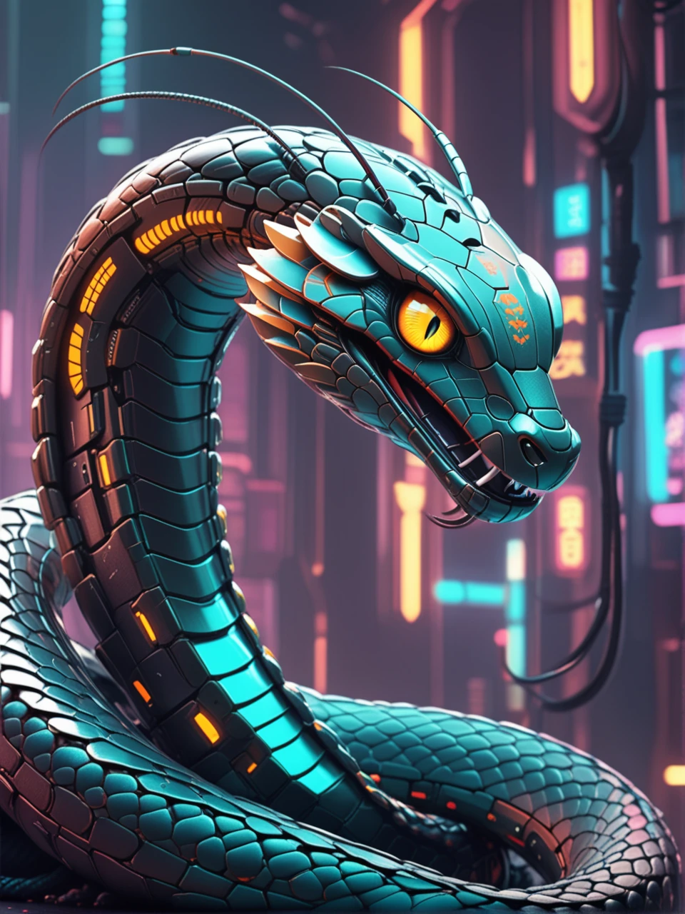 bioengineered cybersnake, dynamic scene, sci-fi, cobra, cyber scales, 8k RAW photo, cg unity 8k wallpaper, ink punk style, large depth of field, energy-filled illustration