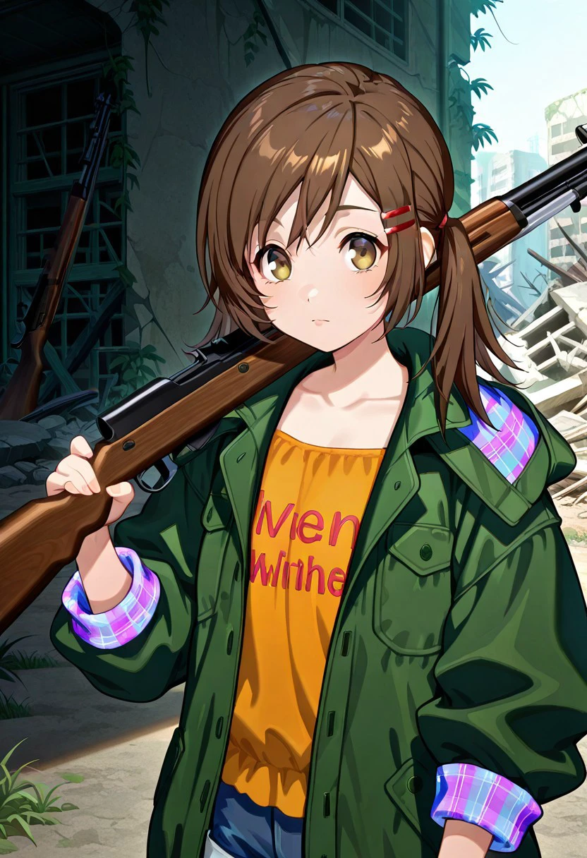official art, masterpiece, best quality, absurdres, very aesthetic, 1girl, solo, female focus, misa_GB, brown eyes, brown hair, flat chest, hair ornament, hair clip, asymmetrical hair, short twintails, green jacket, hooded jacket, open jacket, collared jacket, blue plaid hood, blue plaid sleeve cuffs, collarbone, orange shirt, low-cut shirt, text print, clothes writing, denim shorts, upper body, standing, looking at viewer, outdoors, ruins, weapon over shoulder, SKS, rifle, at attention,