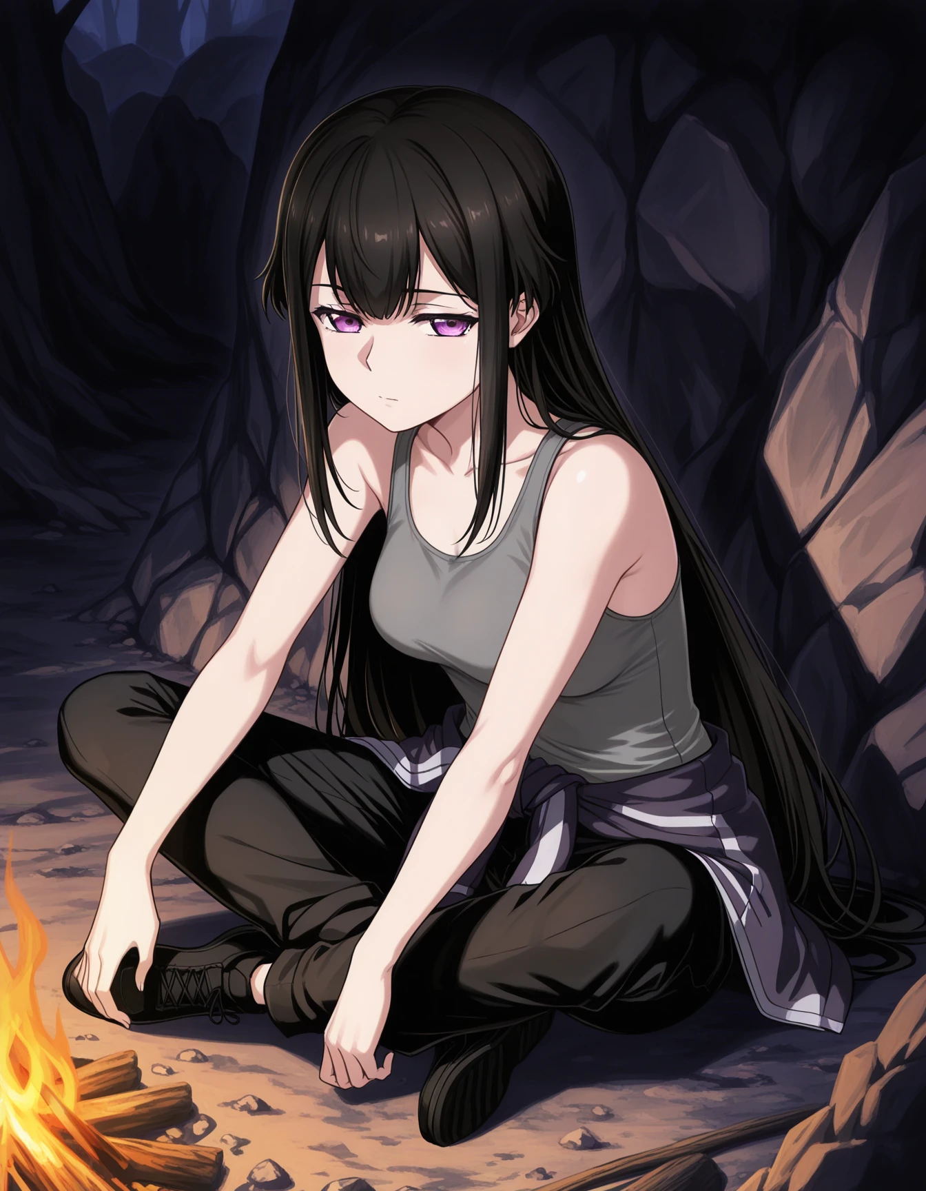 1girl, solo, hina ryazan, black hair, very long hair, purple eyes, narrowed eyes, medium breasts, grey tanktop, grey shirt around waist, black pants, black shoes, sitting on ground, indian style, looking at viewer, (three quarter view:1.7), outdoors, cavern wall, campfire, dark theme, low light <lora:hina_ryazan_ilxl_v1:0.8>