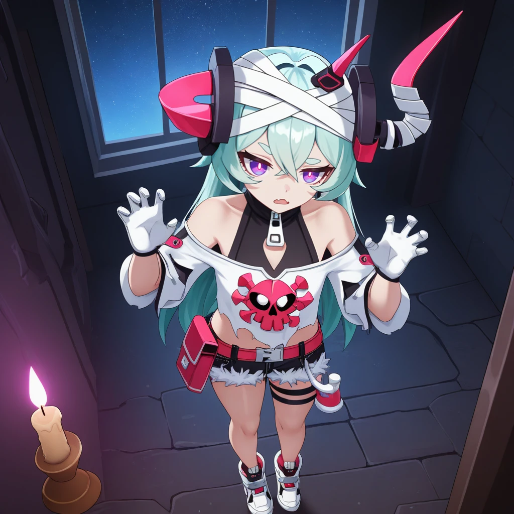 masterpiece, best quality, ultra-detailed, very asthetic, year 2023, very aesthetic, newest, scenery, highres, 4k, absurdres, 8k, colorful,vibrant, glowing, perfect face, 2d, perfect eyes, detailed eyes, 1girl, solo, gothic interior, dark castle, window, gothic style, candles, indoors, stone bricks, detailed background, night, night sky, night time, starry sky, dimmed light, claw pose, confused, half-opened mouth, raised eyebrow, looking at viewer, from above, foreshortening, full body, white sneakers, aqua hair, purple eyes, RozLil, Fol003, Rzl_Bes, mechanical horns, alternate single horn, thick eyebrows, off-shoulder shirt, alt white shirt, magenta skull, torn shirt, layered shirt, zipper top, halter shirt, zipper pull tab, turtleneck, bare shoulders, torn sleeves, white puffy sleeves, alternate gloves, alternative black gloves, bandaged head, fur-trimmed shorts, different black shorts, denim shorts, magenta belt, buckle, thigh strap, waist pouch,