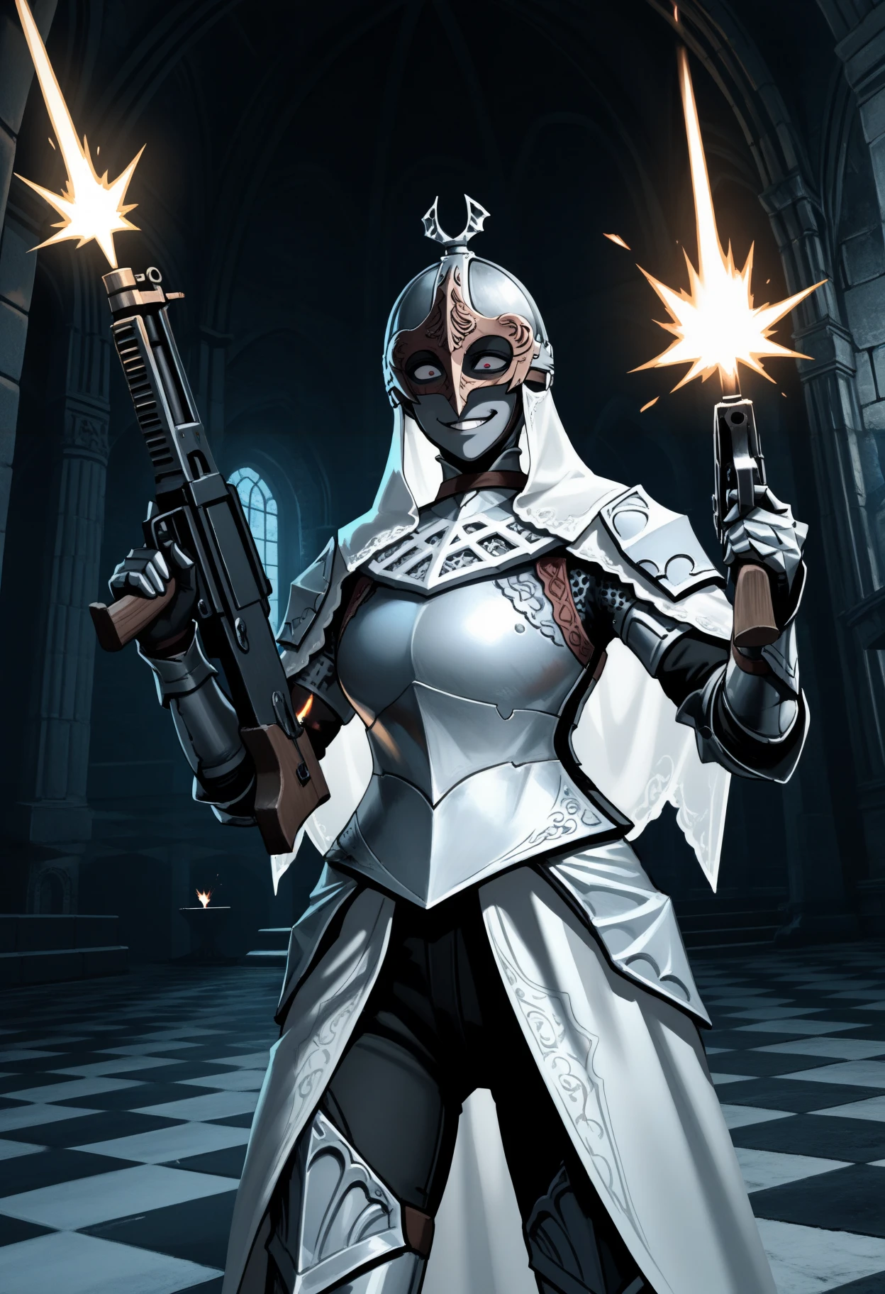 masterpiece, best quality, newest, hdr, night, castle, checkered floor, indoors, pillar, window, 1boy, solo, eztmnzrth, colored skin, grey skin, white veil, white capelet, helm, eye mask, covered eyes, breastplate, chainmail, shoulder armor, gauntlets, faulds, waist cape, white cape, greaves, dual wielding, holding heavy machine gun, muzzle flash, firing, gesugao, evil smile, glaring, crazy eyes, cowboy shot, foreshortening,
<lora:Throne Watcher:0.8>
