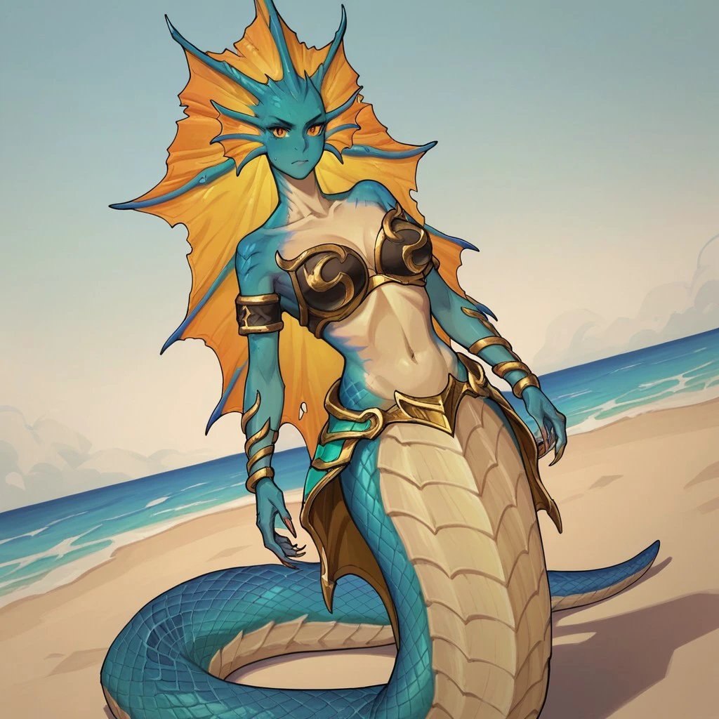 4k, highly detailed, realistic, extremely high quality drawing, masterpiece, cutesexyrobutts style, uploaded on e621, anthro Kulve Taroth, milf, posing on a beach, (beautiful and detailed eyes:1.1), detailed scales, seductive, sexy, voluptuous, curvy body, hourglass figure, cinematic lighting, f1.8 short focus bokeh