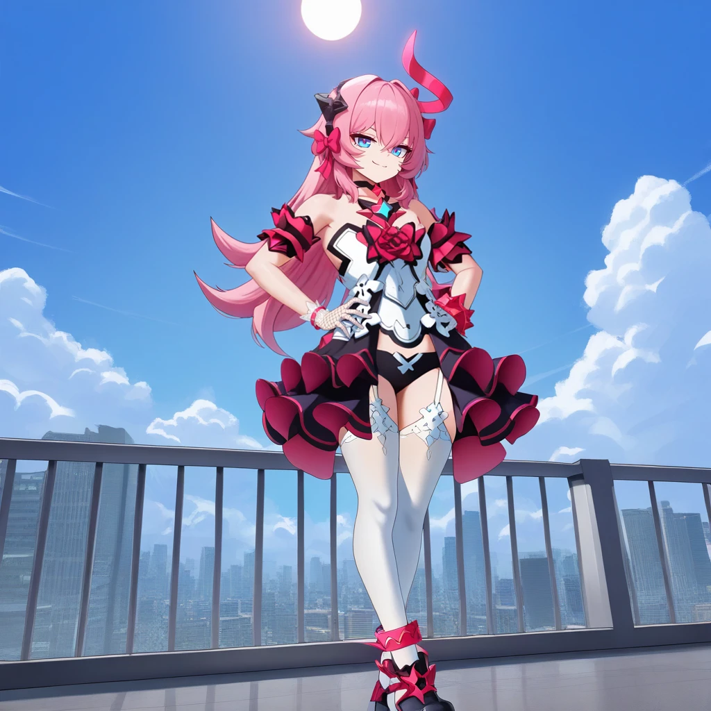 masterpiece, best quality, ultra-detailed, very asthetic, year 2023, very aesthetic, newest, scenery, highres, 4k, absurdres, 8k, colorful,vibrant, glowing, perfect face, 2d, perfect eyes, detailed eyes, 1girl, solo, detailed background, day, sun, sky, clouds, cityscape, rooftop, outdoors, skyscrapers, railing, standing, hands on hips, angled shot, full body, looking at viewer, confident smile, closed mouth, magenta anklet, black shoes, pink hair, blue eyes, RozLil, Fol001, Rzl_Chr, micro shorts, black shorts, garter straps, white thighhighs, thighhighs, shirt under dress, strapless shirt, white shirt, clothing cutout, frilled skirt, layered clothes, open dress, strapless dress, black dress, white corset, magenta trim, magenta bow, pendant, chest bow, redchest spike, black choker, hair bow, bow flower, pink bracelet, miscolored gloves, fishnet gloves, white glove, magenta rose, frilled armband, magenta armbands,