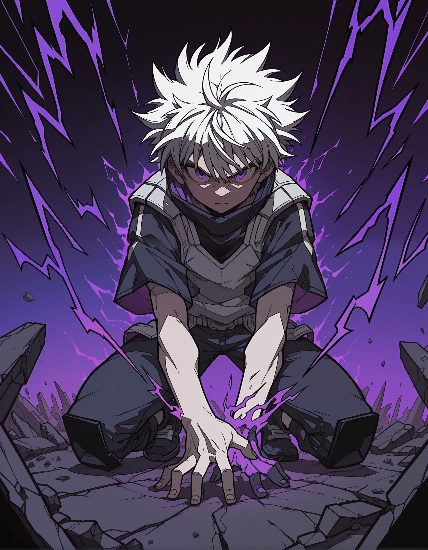 incredibly absurdres, masterpiece, absurdres, high quality,7A3IFRHPR_illu, <lora:hwm4to7A3IFRHPR:1>,killua zoldyck, Anime-style character, spiky white hair, intense expression, dark clothing, purple energy background, dynamic pose, sharp angular features, monochromatic color scheme, high contrast, digital art, graphic novel style, cyberpunk aesthetics, urban fantasy, energy emanating from hands, dramatic lighting, stylized illustration, action scene, bold outlines, abstract elements