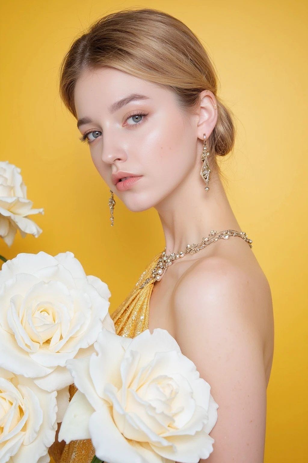 The image showcases a young blonde woman wearing necklace and earrings with pale skin and makeup. She is positioned against a strikingly vibrant gold background, which is filled with large white rose flowers. The flowers dominate the composition, adding a dramatic and intense contrast to her skin tone and overall appearance.
The woman is dressed in golden gown, which drapes softly over her shoulders, leaving her upper back and one shoulder exposed. Her expression is calm and slightly mysterious, with her gaze directed slightly to the side, away from the camera. The large flowers, some of which overlap with her figure, create a dreamy and surreal atmosphere, as if she is blending into or emerging from the floral background., <lora:flux_realism_lora:1>, <lora:makinaflux_angelinadanilova_v1.0:1>