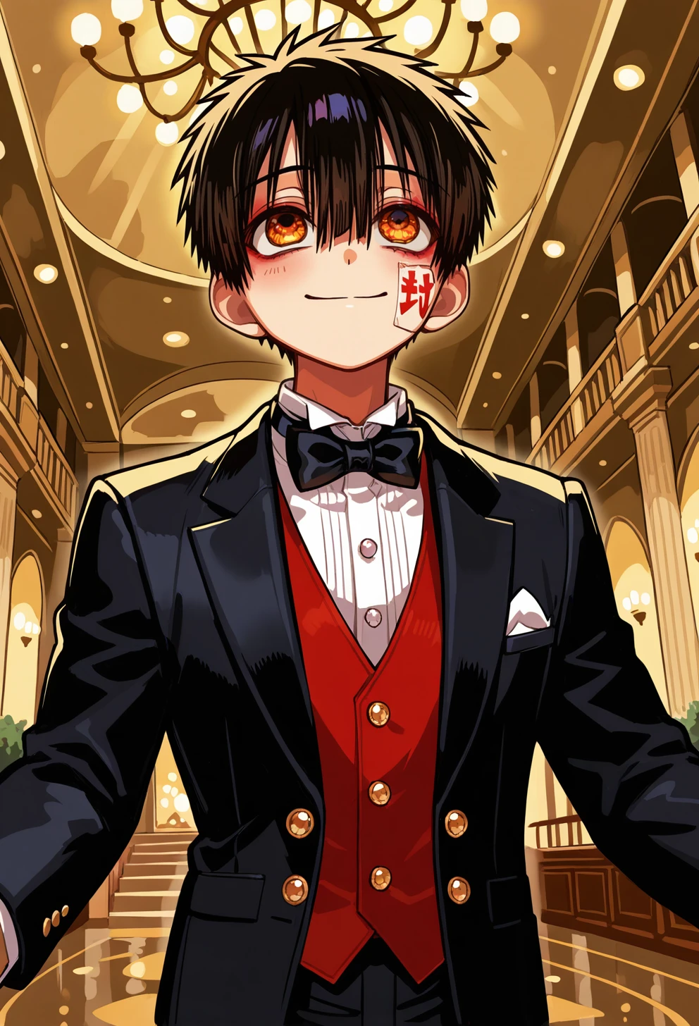 masterpiece,best quality,amazing quality,very aesthetic,absurdres,newest,1boy,hanako-kun,black hair,orange eyes,tuxedo,black bowtie,ballroom,fancy lighting,smile,bow,looking up,<lora:Aida_Iro:0.6>,tbhkaida,