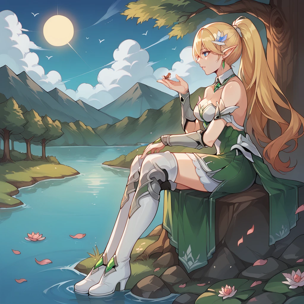 score_9_up, score_8_up, score_7_up, source_anime, 1girl, solo, sun, clouds, sky, riverbank, sitting on rock, birds, squirrel, full body, from side, looking up ahead, angled shot, river, forest, arm rest, leaning backwards, bushes, lotuses, lotus on water, flowers, trees, petals, parted lips, curious, blonde hair, blue hair, drill hair, long hair, blue eyes, pointy ears, elf, Durandal, Fol002, Du_Emr, strapless dress, green dress, white bra, two-tone skirt, white skirt, green skirt, shoulder armor, silver gauntlets, alt gauntlets, high ponytail, green earring, hair flower, green gem, gem, detached collar, collared collar, bare shoulders, alt white footwear, alternate thigh boots